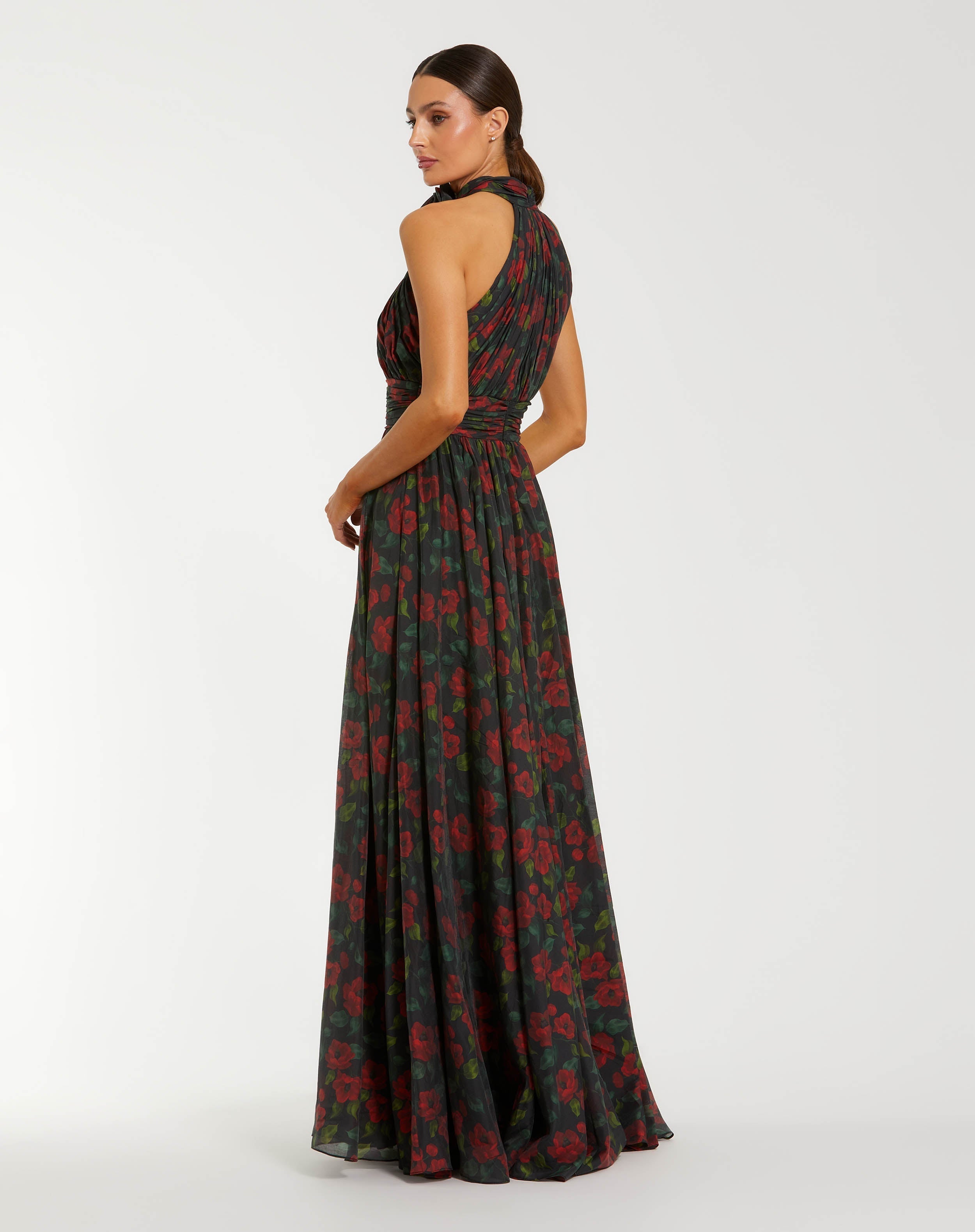 Black Floral Print Halter Neck Gown with Rosette