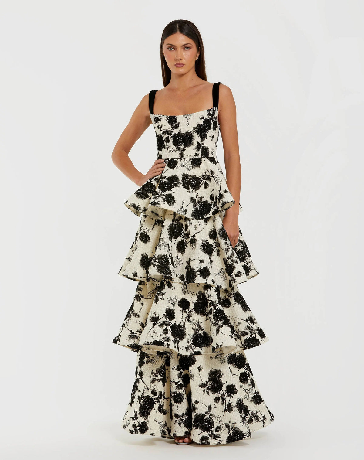 Black and White Floral Boucle Tiered Ruffle Gown