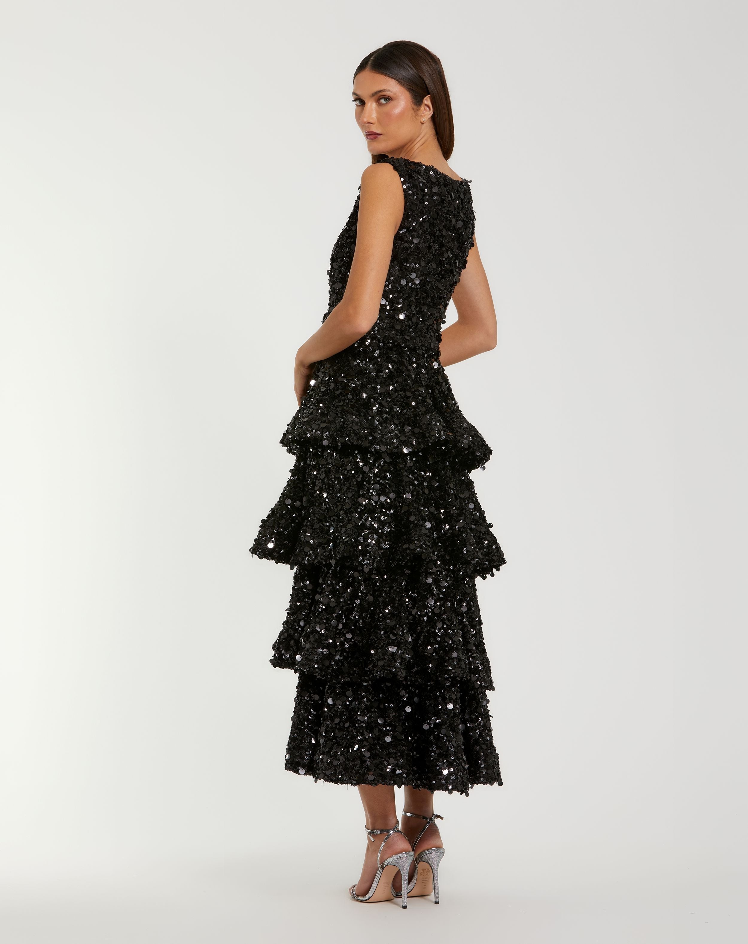Black Sequin Ruffle Midi Dress with Belt