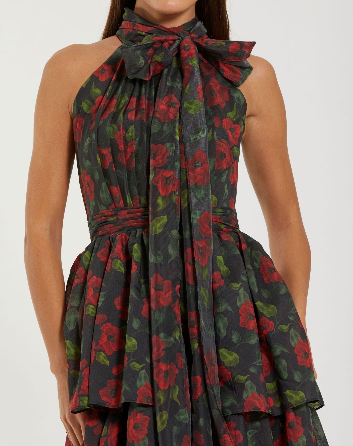 Black Floral Chiffon Tiered Midi Dress with Neck Bow