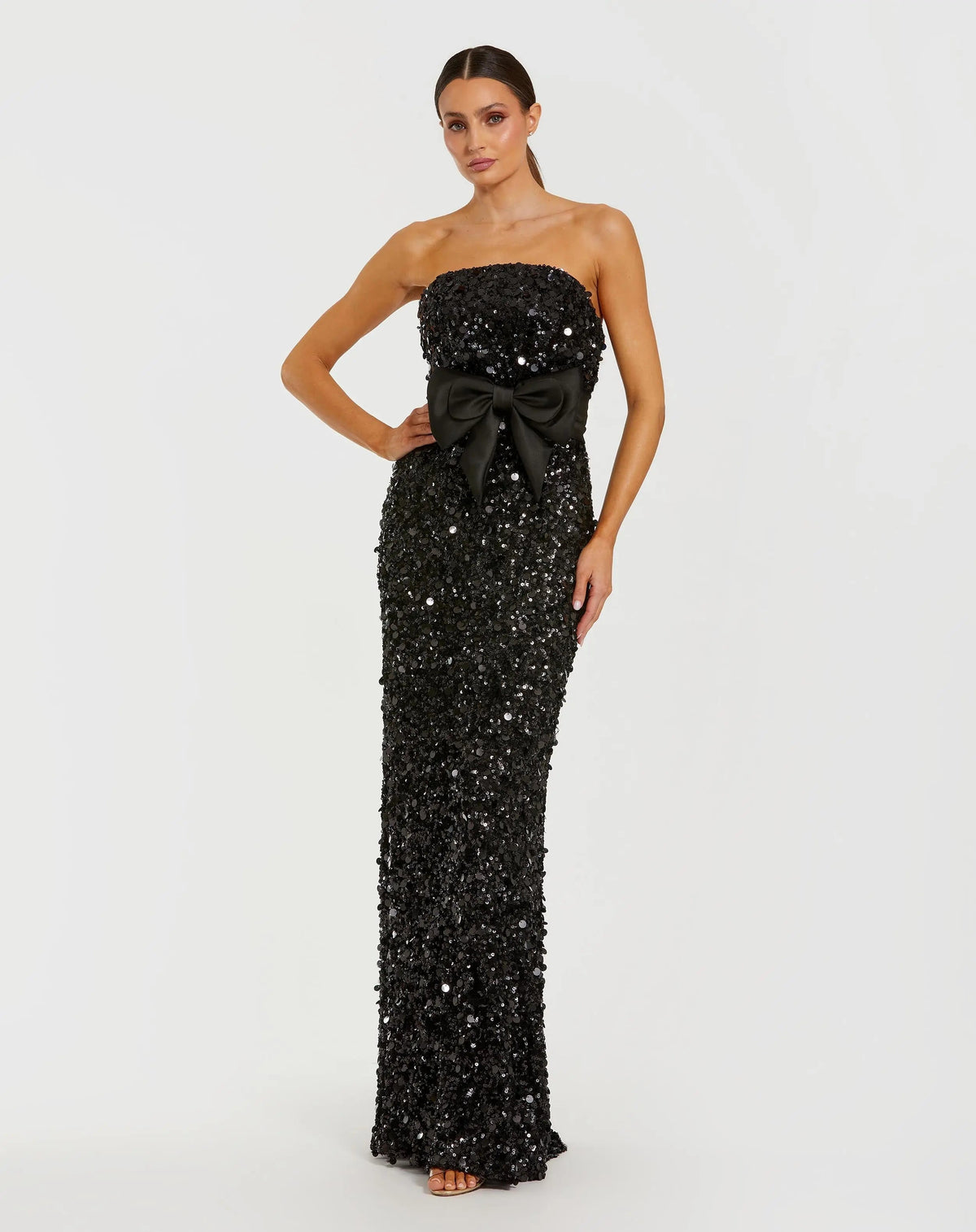 Black Strapless Sequin Evening Gown With Bow