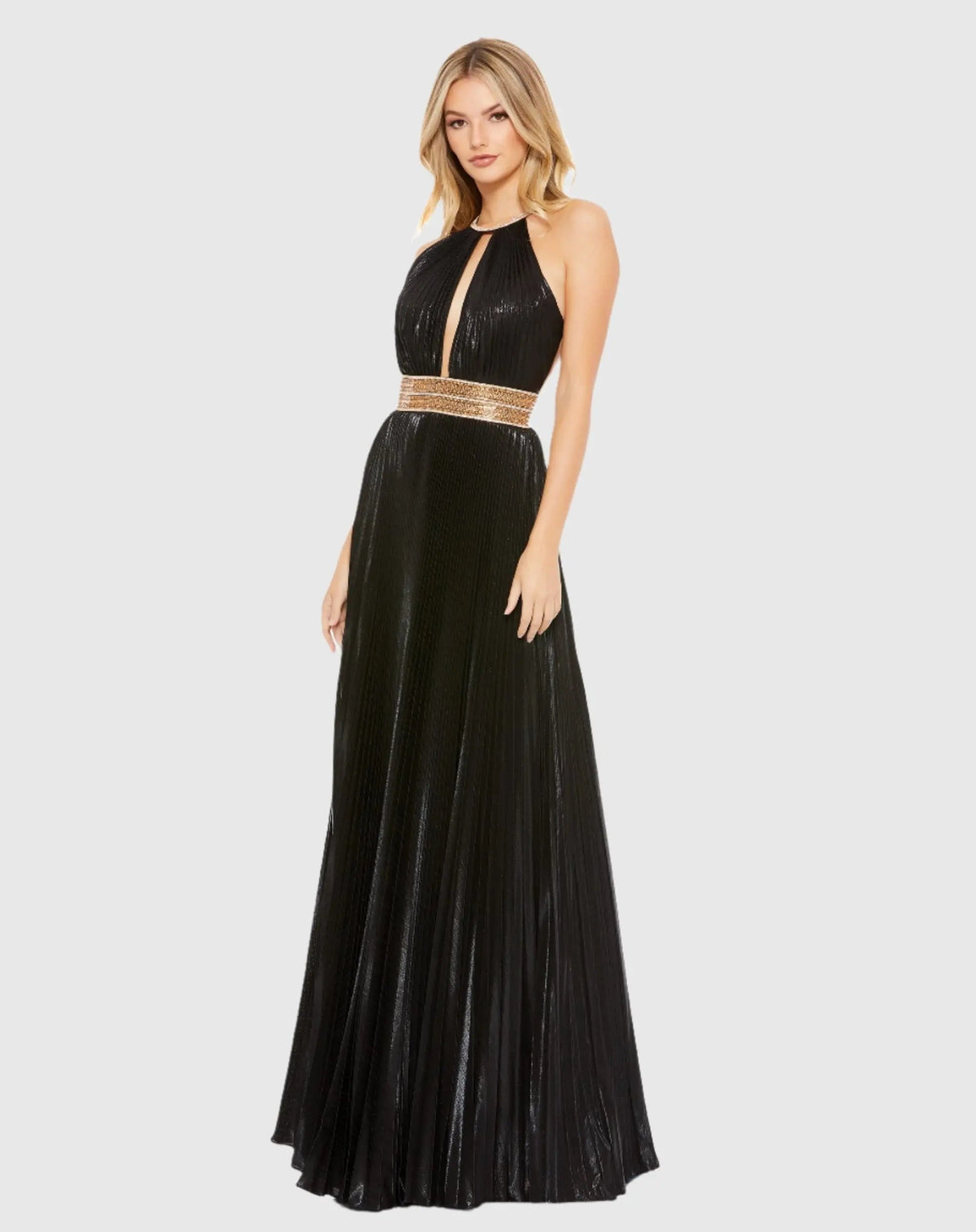 Black Pleated Embellished Halter Open Back Gown