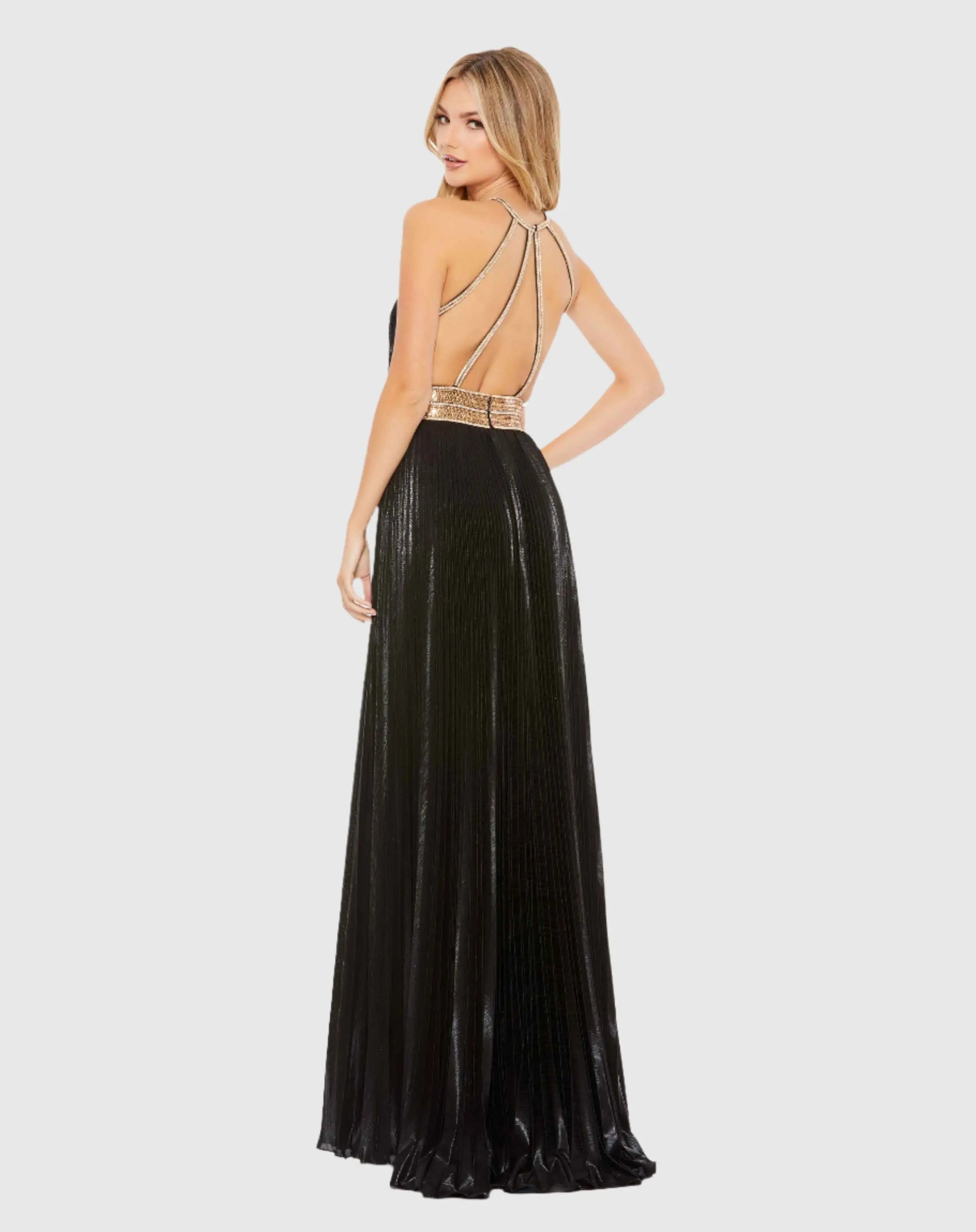 Black Pleated Embellished Halter Open Back Gown