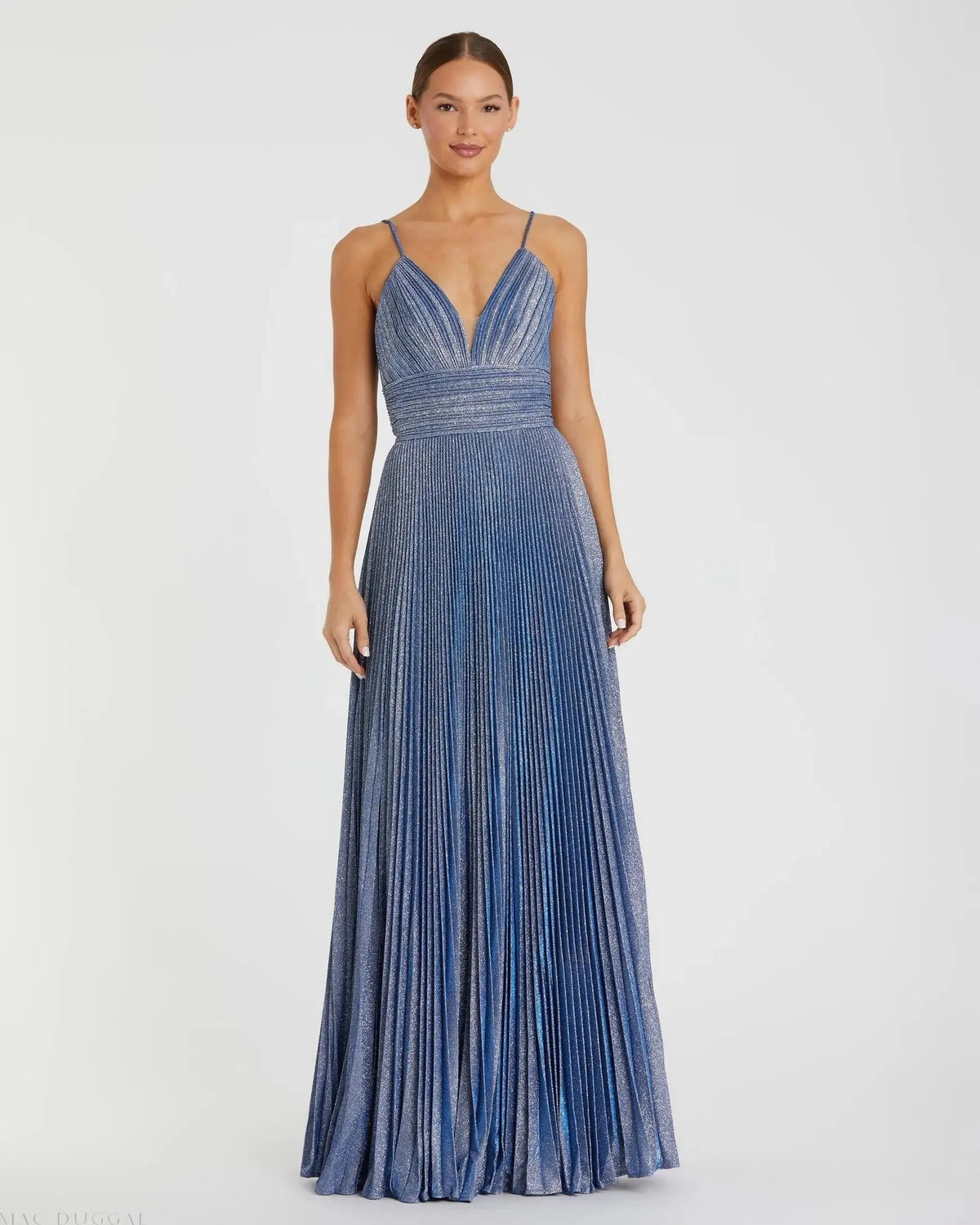 Blue Shimmer Pleated V-Neck Gown - FINAL SALE