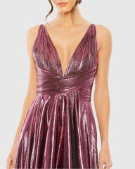 Pink Sleeveless V Neck Pleated Top Metallic Dress