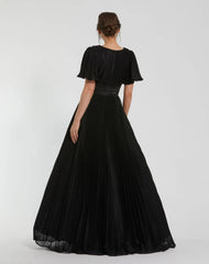 Black Pleated Shimmering Flutter Sleeve Ball Gown