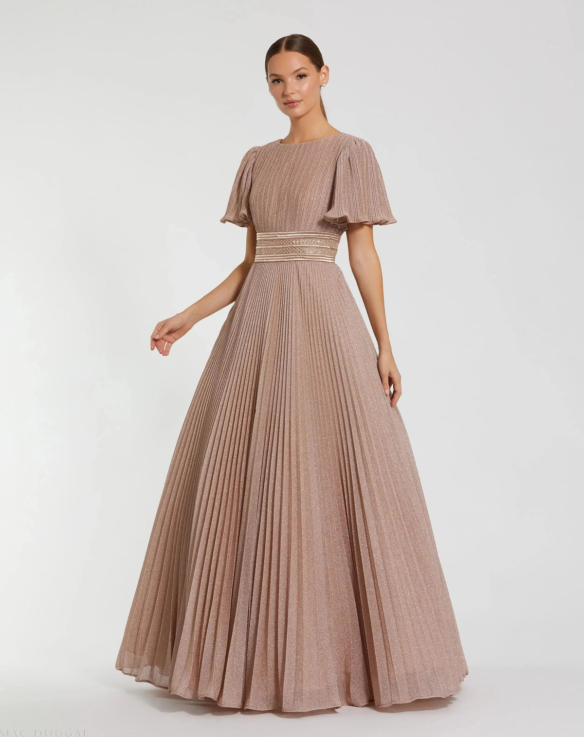 Pink Pleated Shimmering Flutter Sleeve Ball Gown