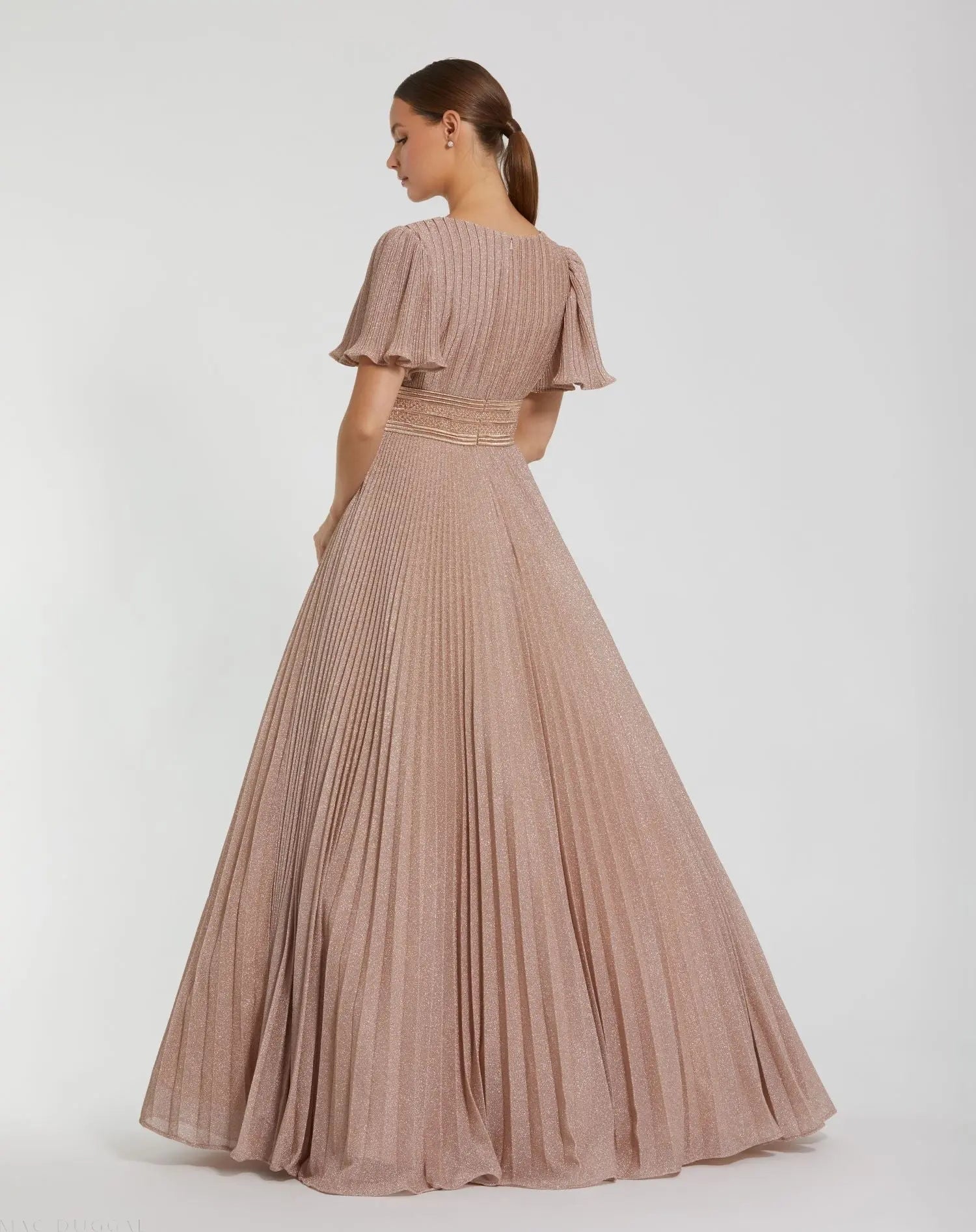 Pink Pleated Shimmering Flutter Sleeve Ball Gown
