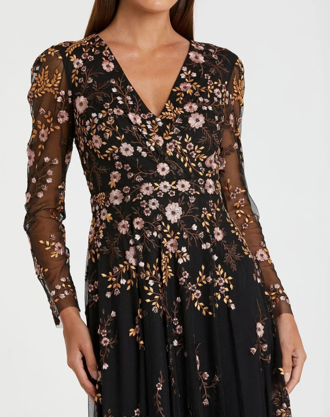Black Multicolor Floral Embroidered A-Line Cocktail Dress