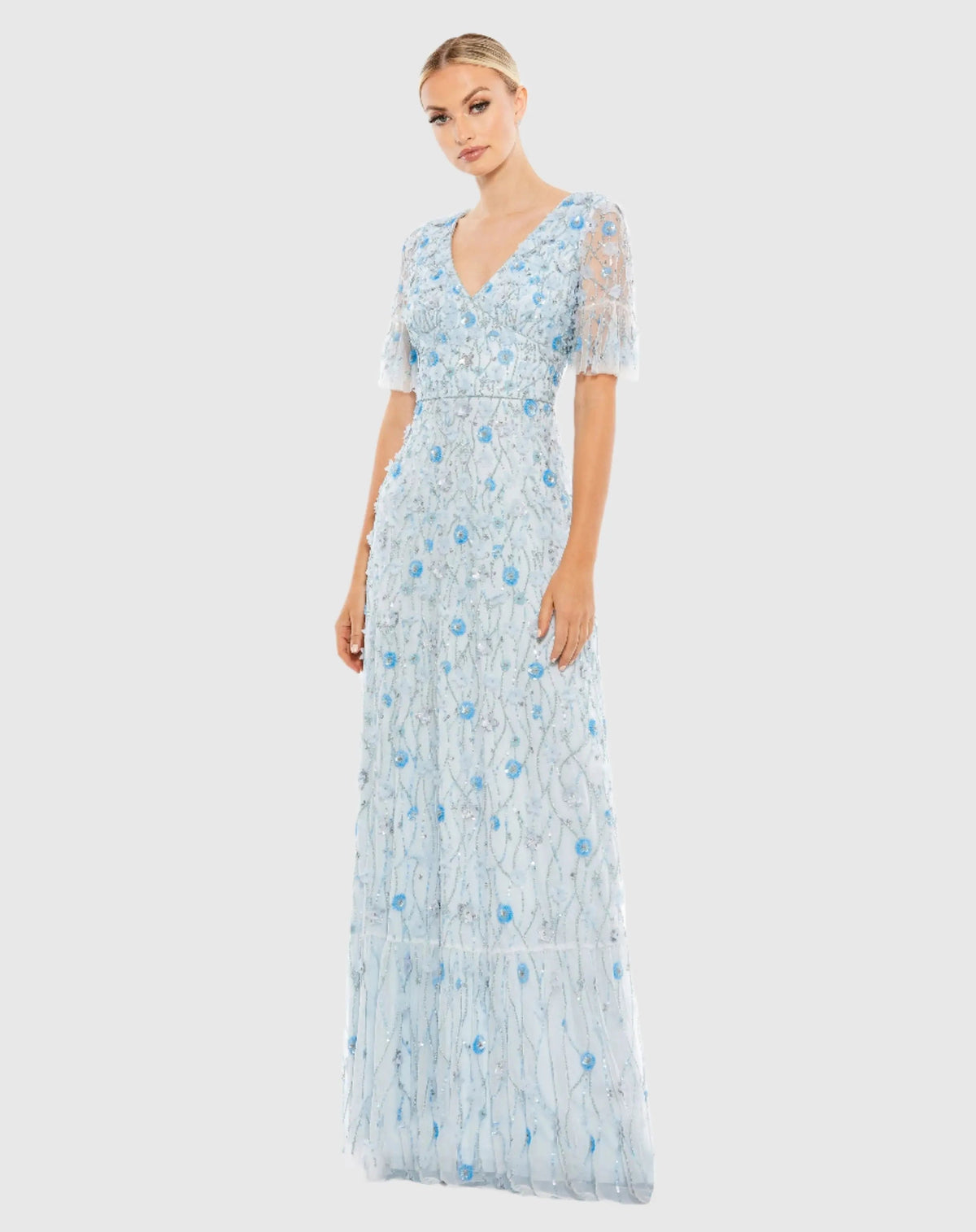 Blue Embellished V-Neck Empire Waist Ruffle Hem Gown