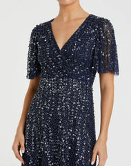 Navy Beaded Wrap Over Butterfly Sleeve Dress