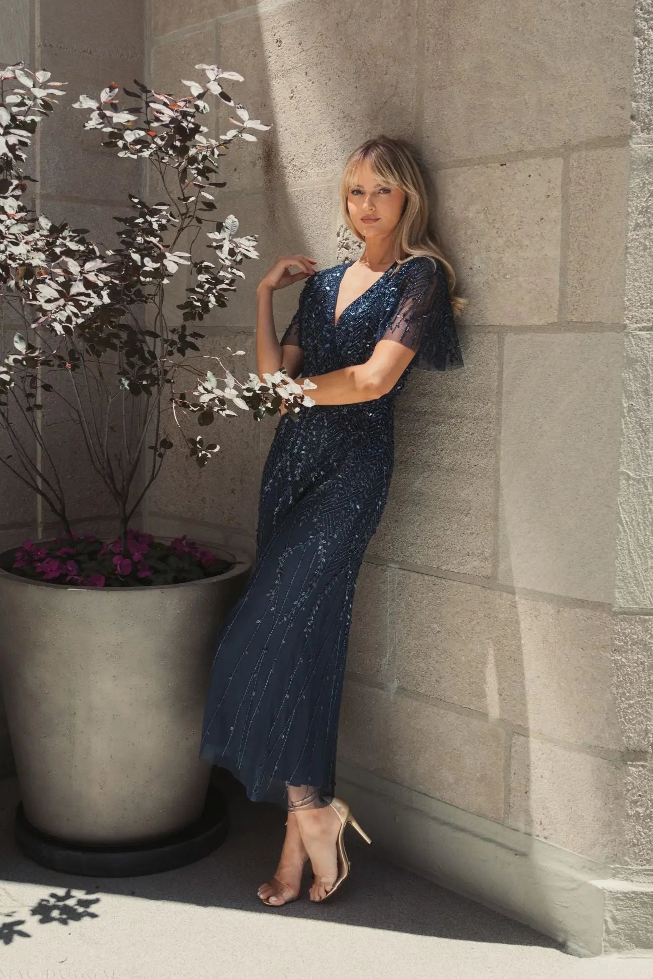 Navy Beaded Wrap Over Butterfly Sleeve Dress