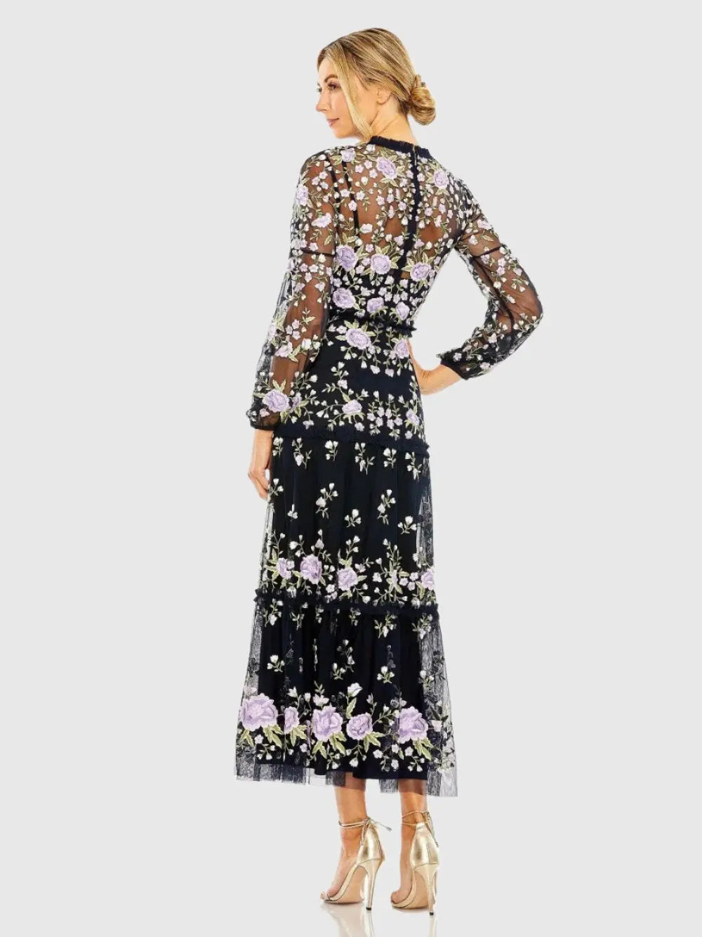 Navy Embroidered Puff Sleeve Tiered Dress