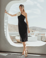 Black One Shoulder Boucle Midi Dress With 3D Flower