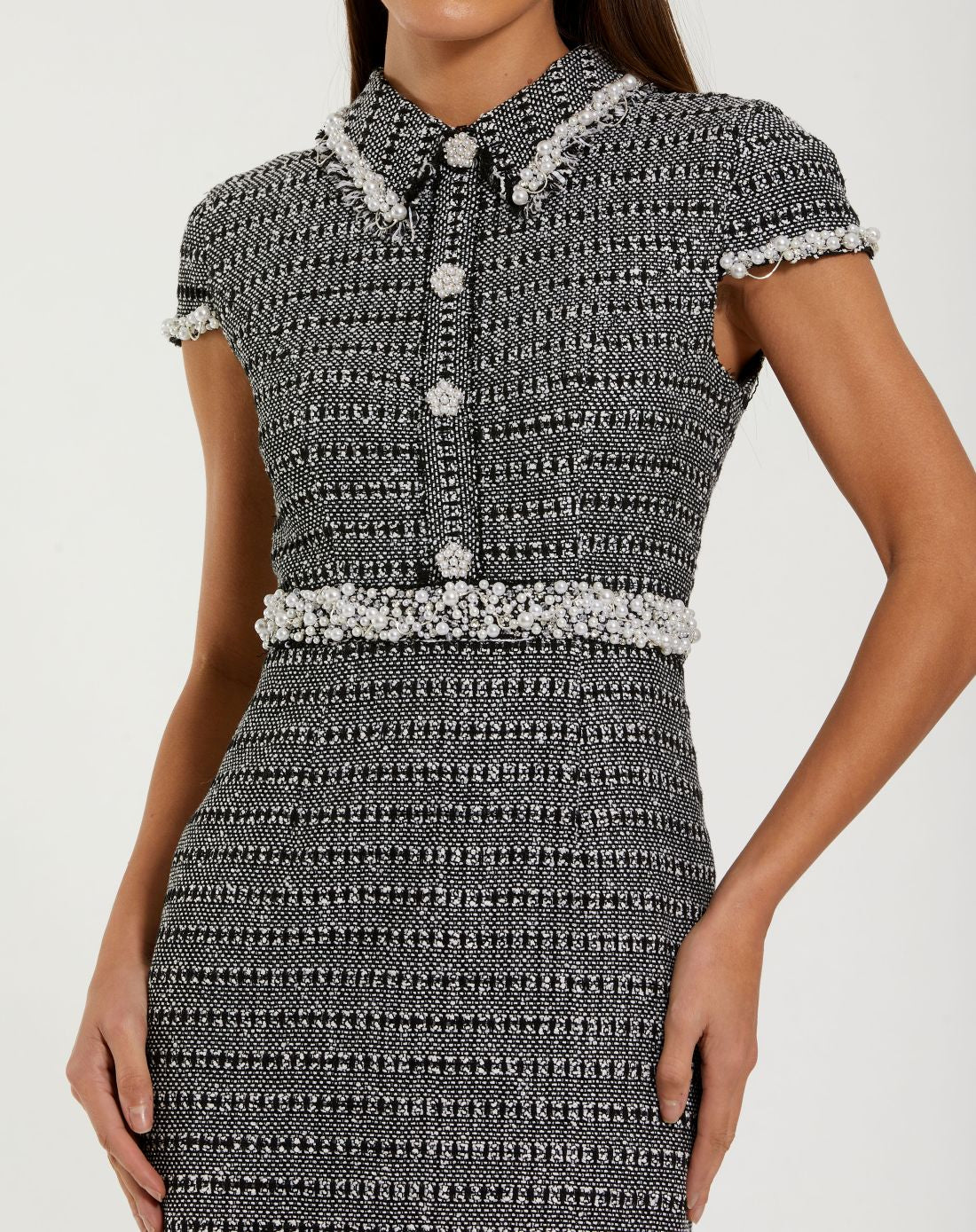 Black Embellished Cap Sleeve Boucle Midi Dress