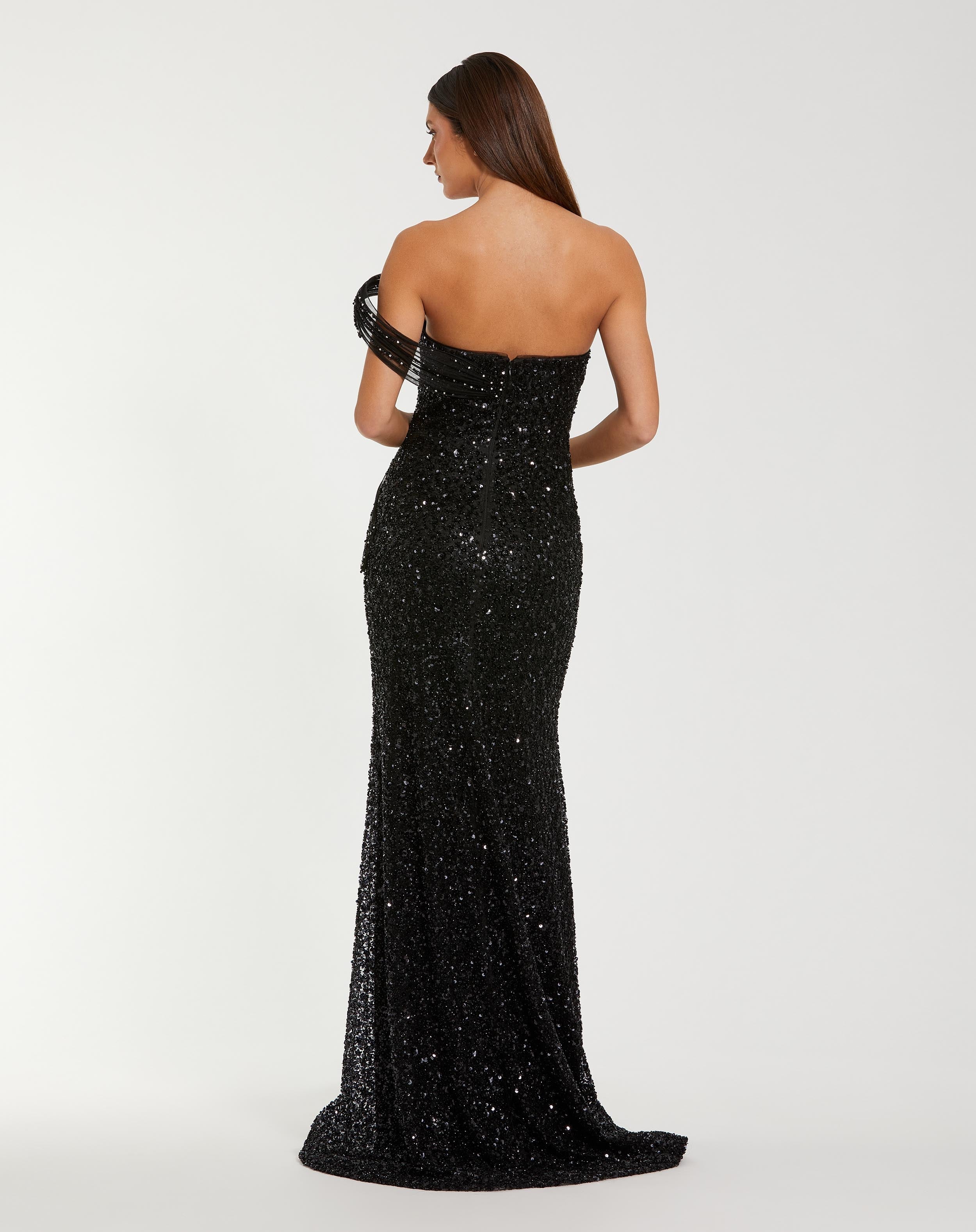 Black Embellished Strapless Gown with Sculptural Drape