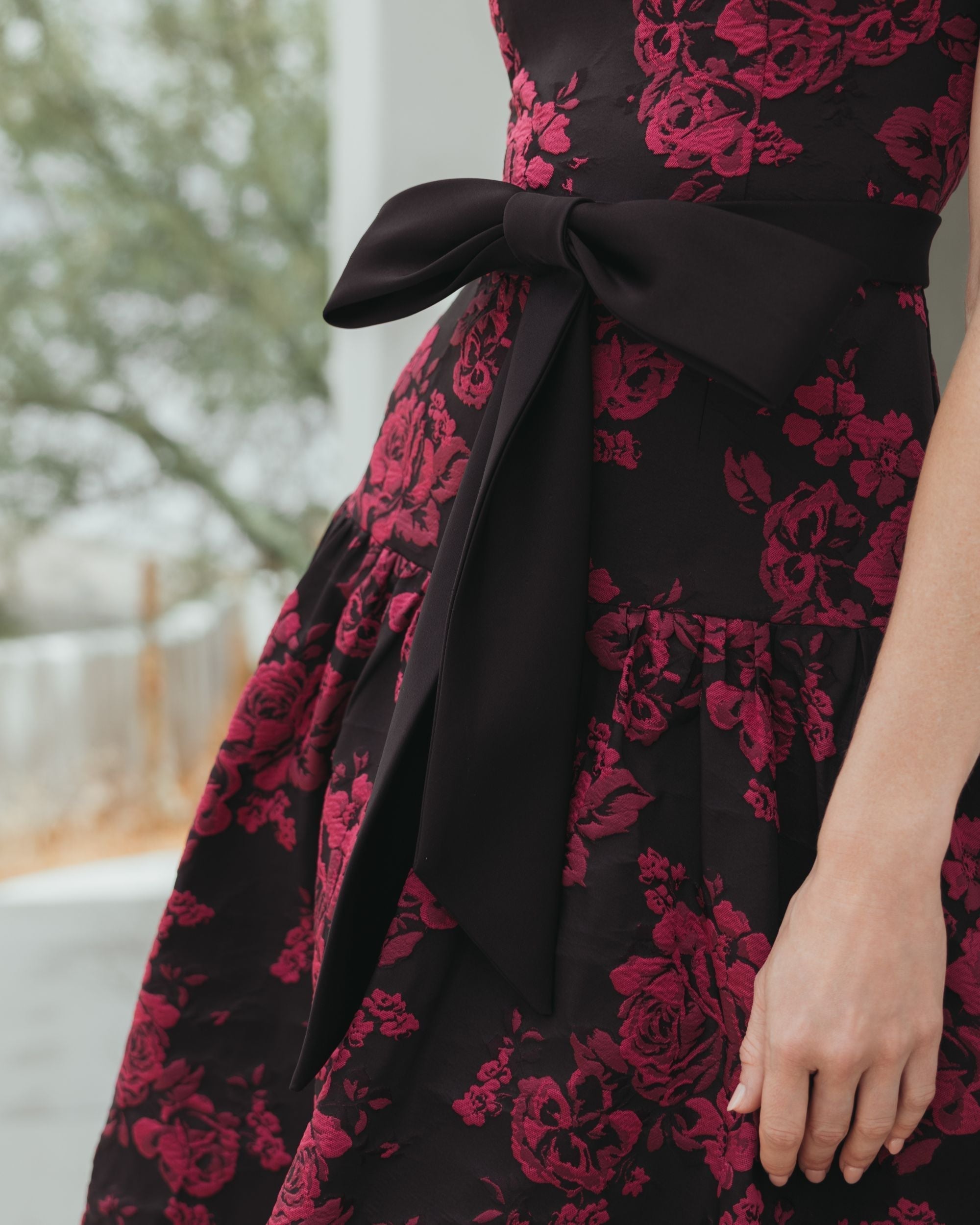 Black Brocade Drop Waist Midi Dress With Satin Bow