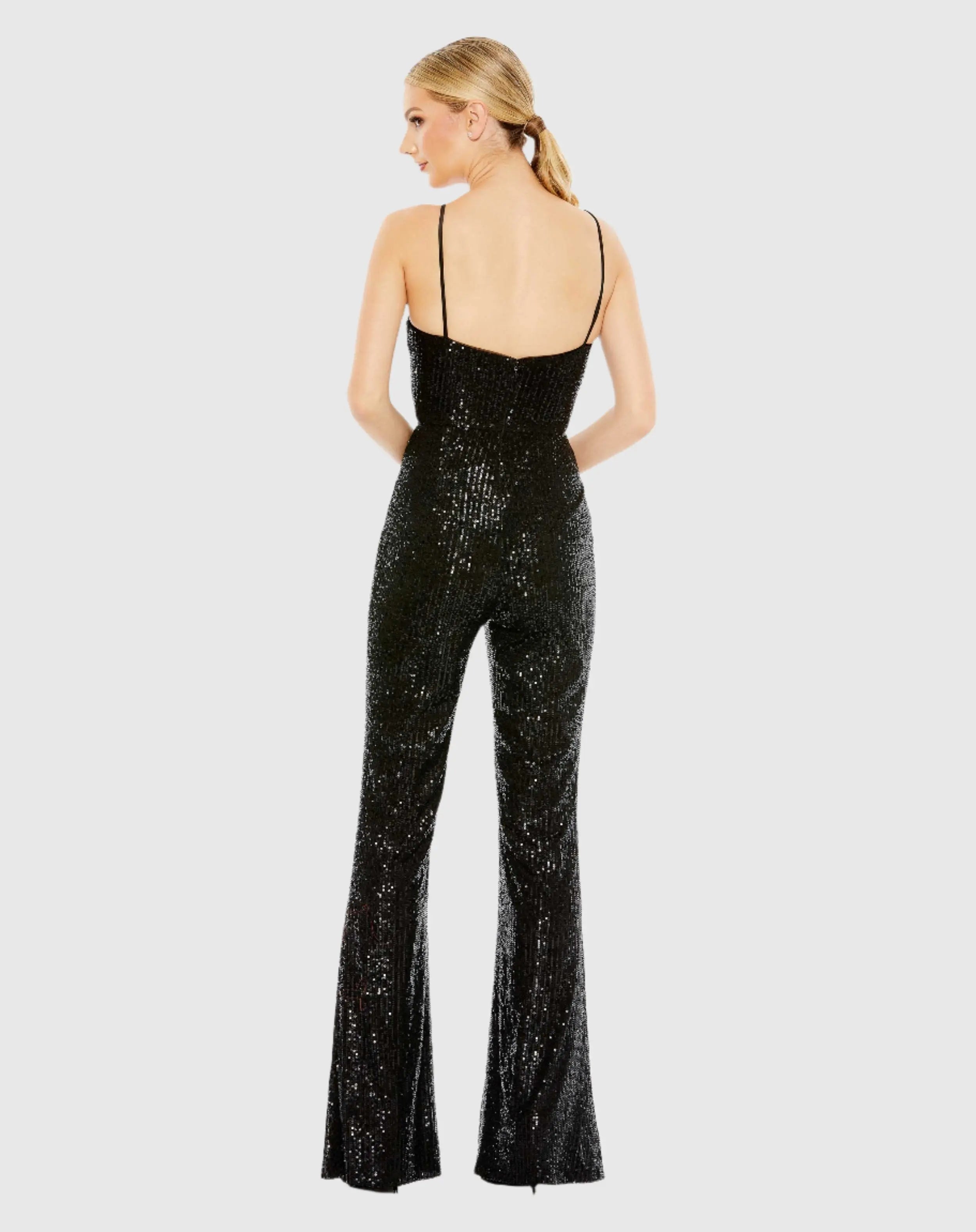 Black Sequined Spaghetti Strap Cut Out Jumpsuit - FINAL SALE
