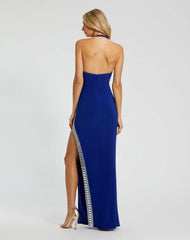 Blue Jersey Halter Neck Beaded Slit Detail Gown