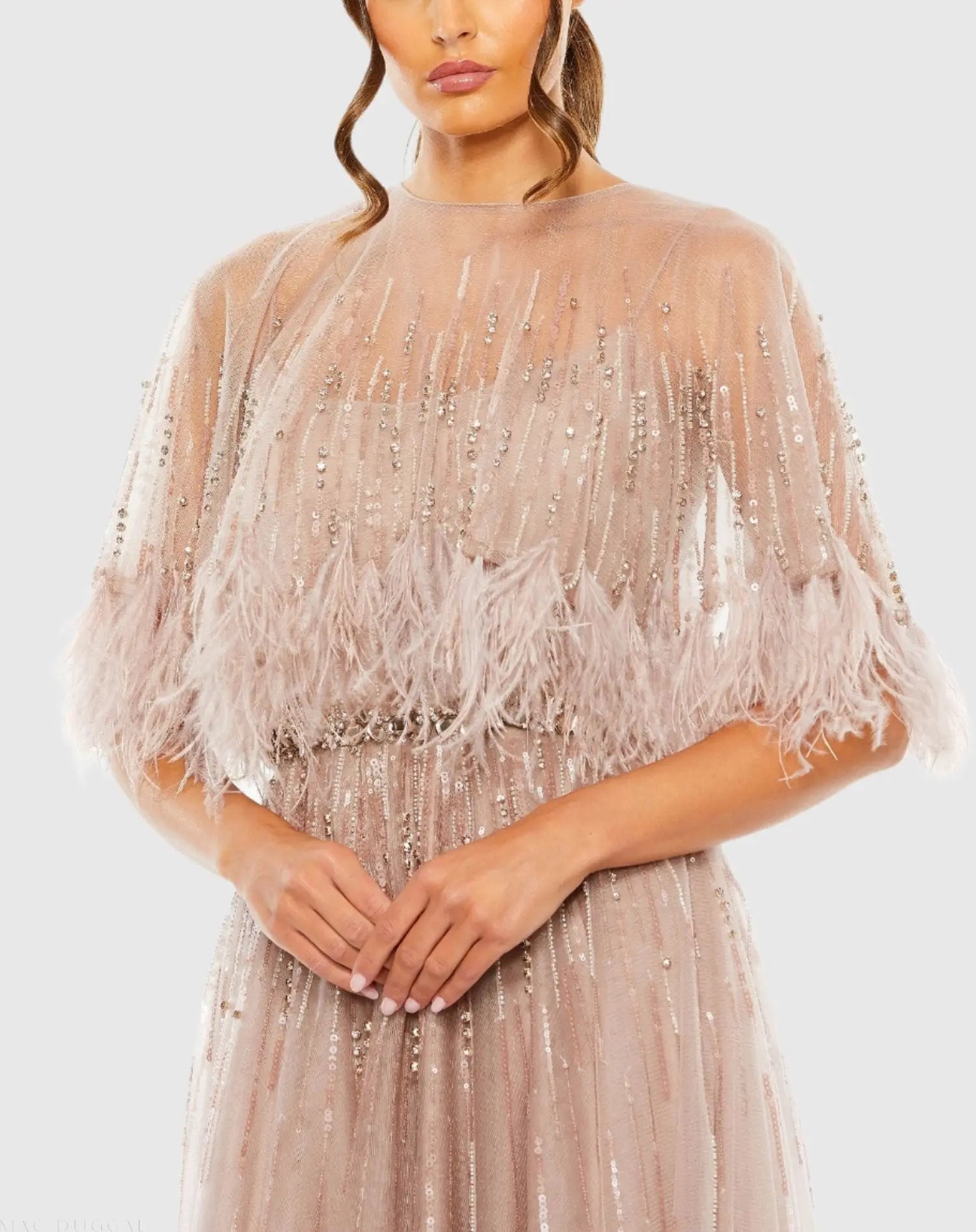 Beige Embellished A Line Gown with Feather Detail Cape