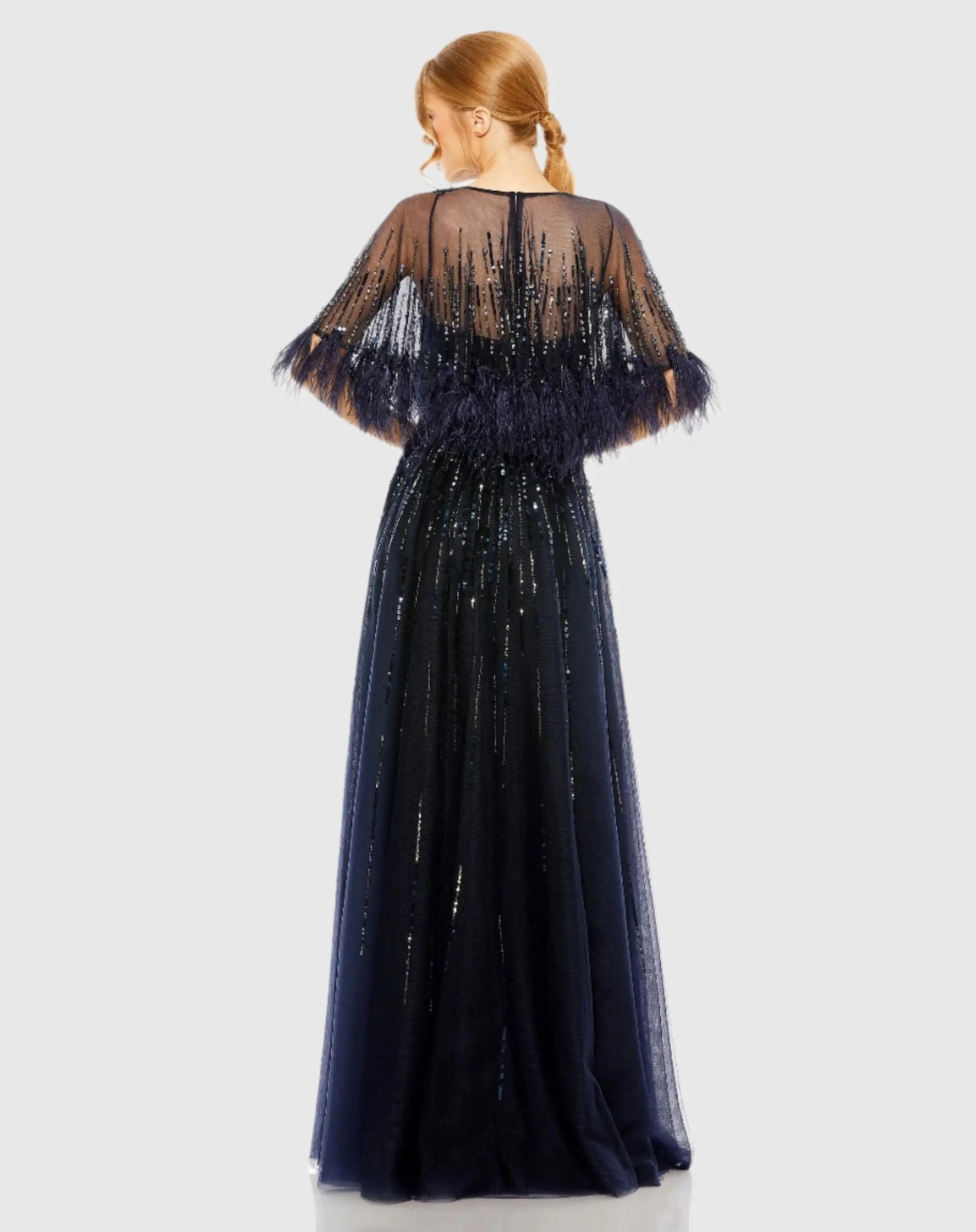 Blue Embellished A Line Gown with Feather Detail Cape