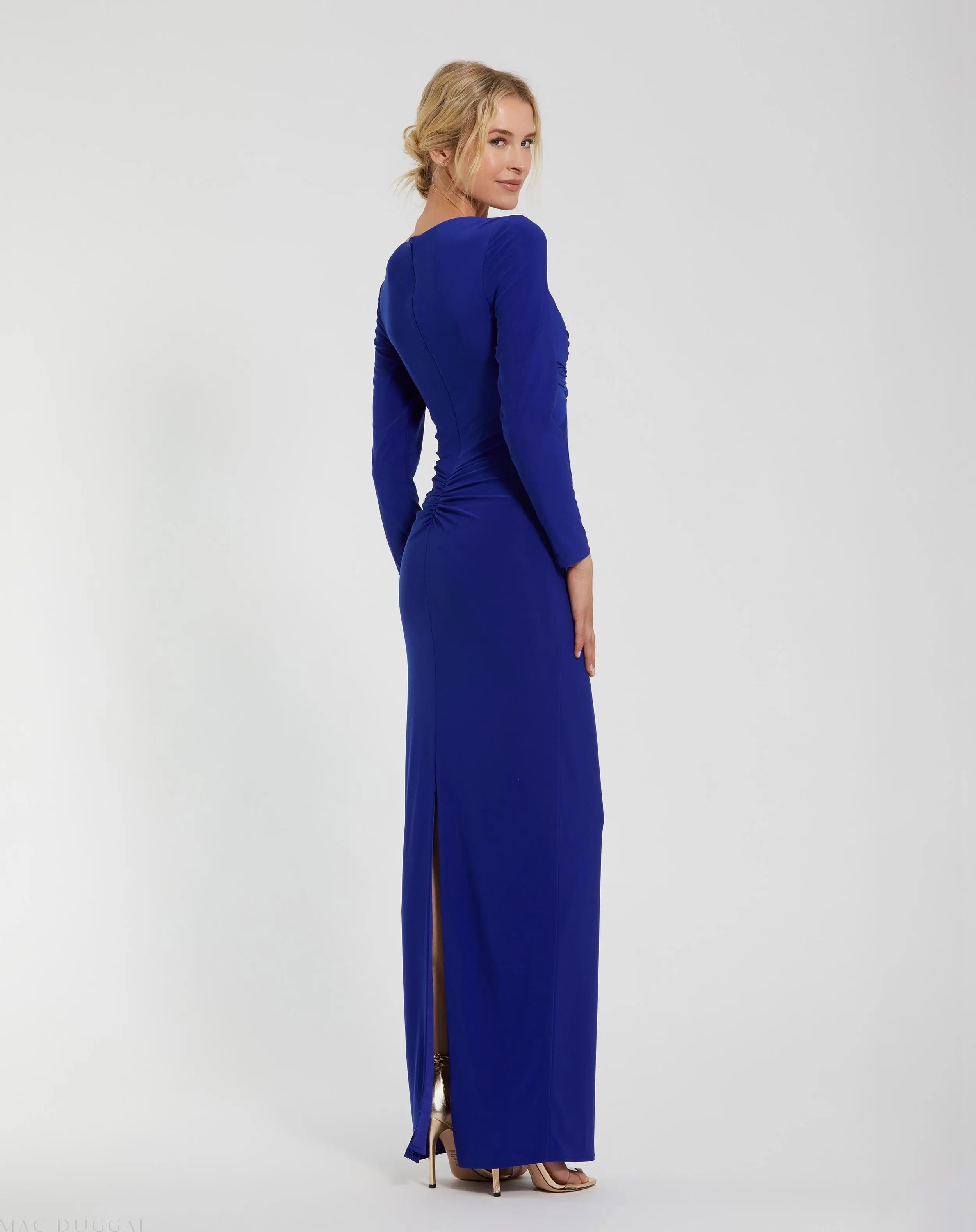 Blue Long Sleeve Jersey V Neck Twist Knot Gown