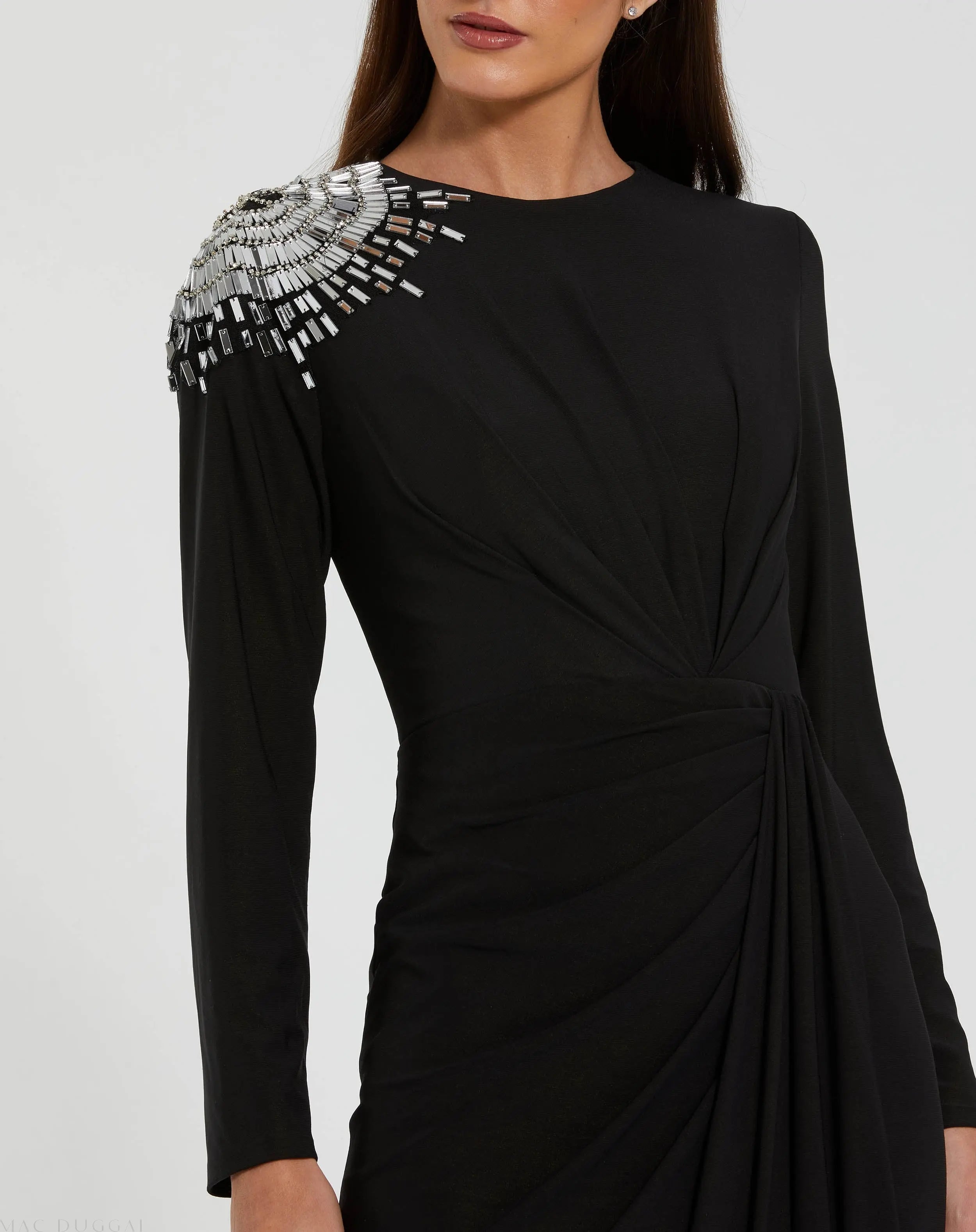 Black Jersey Long Sleeve Wrap Gown With Beaded Shoulder