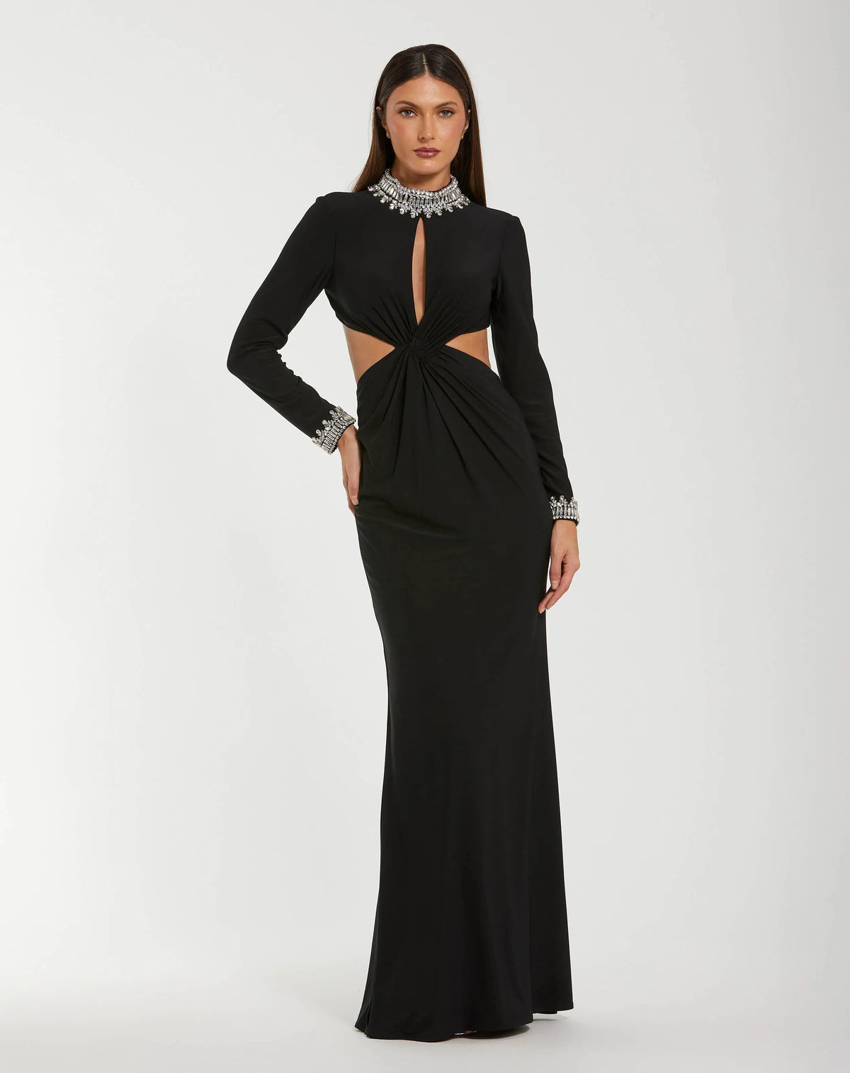 Black Embellished Jersey Long Sleeve Cut Out Evening Gown