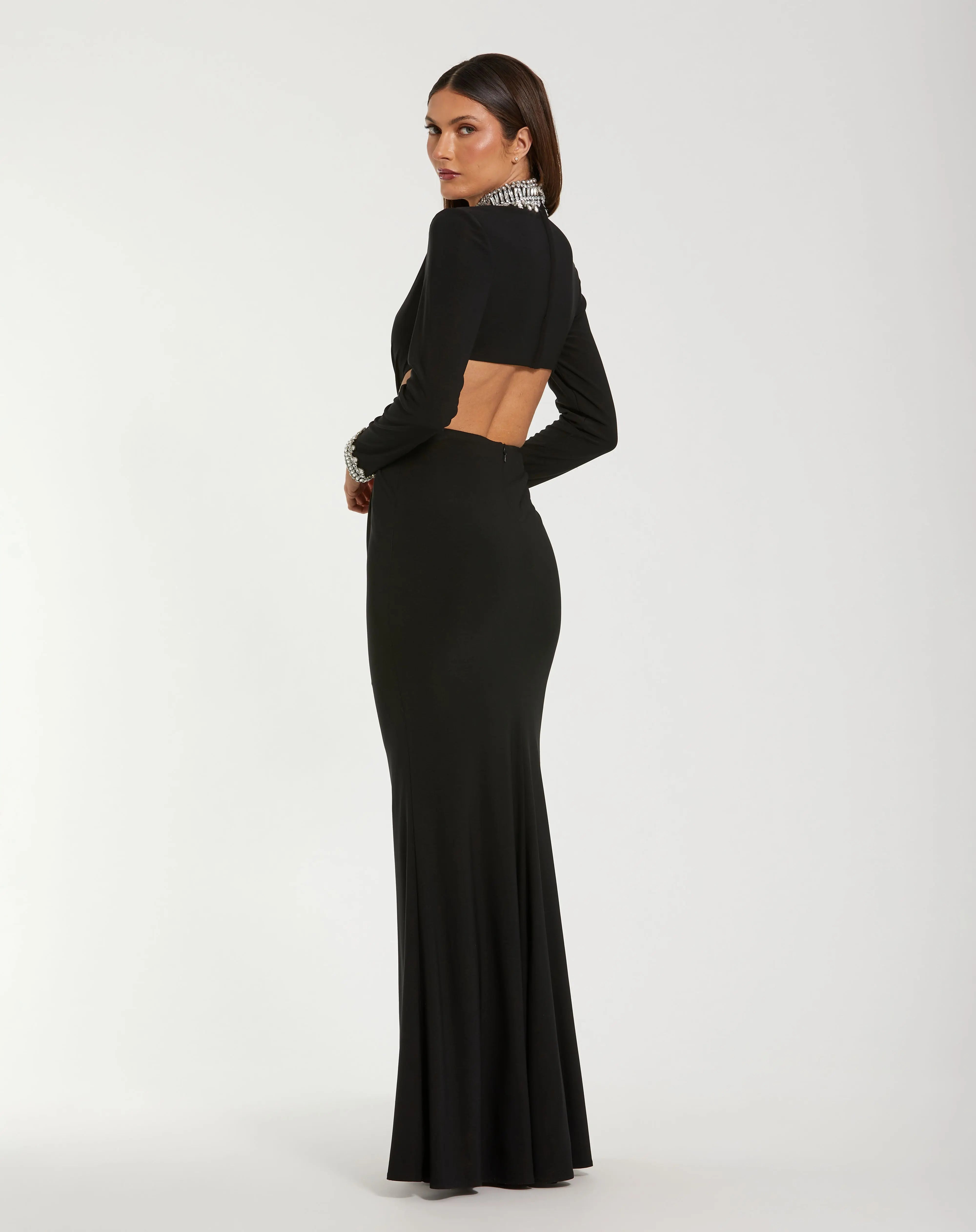 Black Embellished Jersey Long Sleeve Cut Out Evening Gown