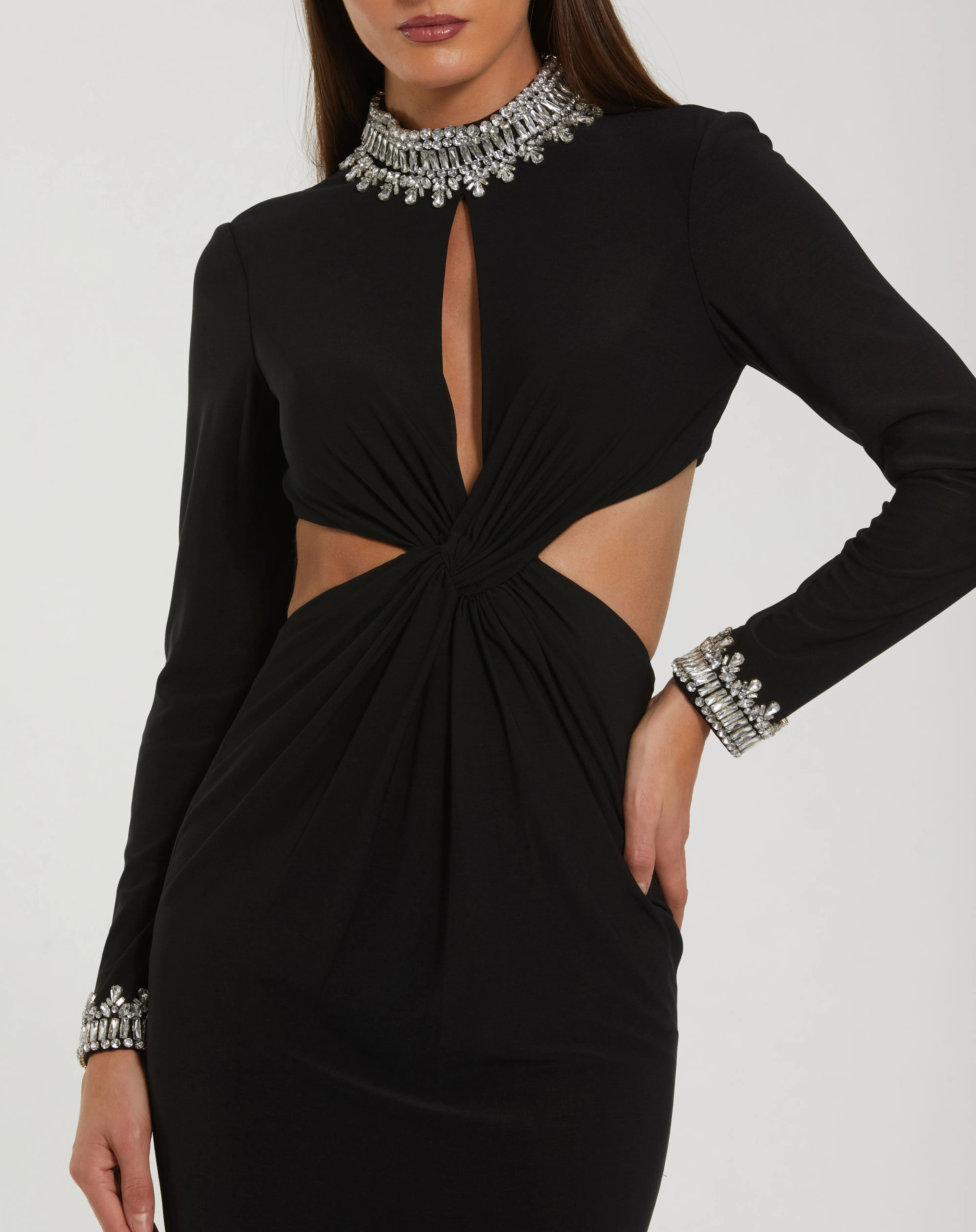 Black Embellished Jersey Long Sleeve Cut Out Evening Gown