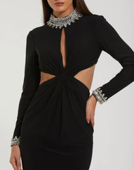 Black Embellished Jersey Long Sleeve Cut Out Evening Gown