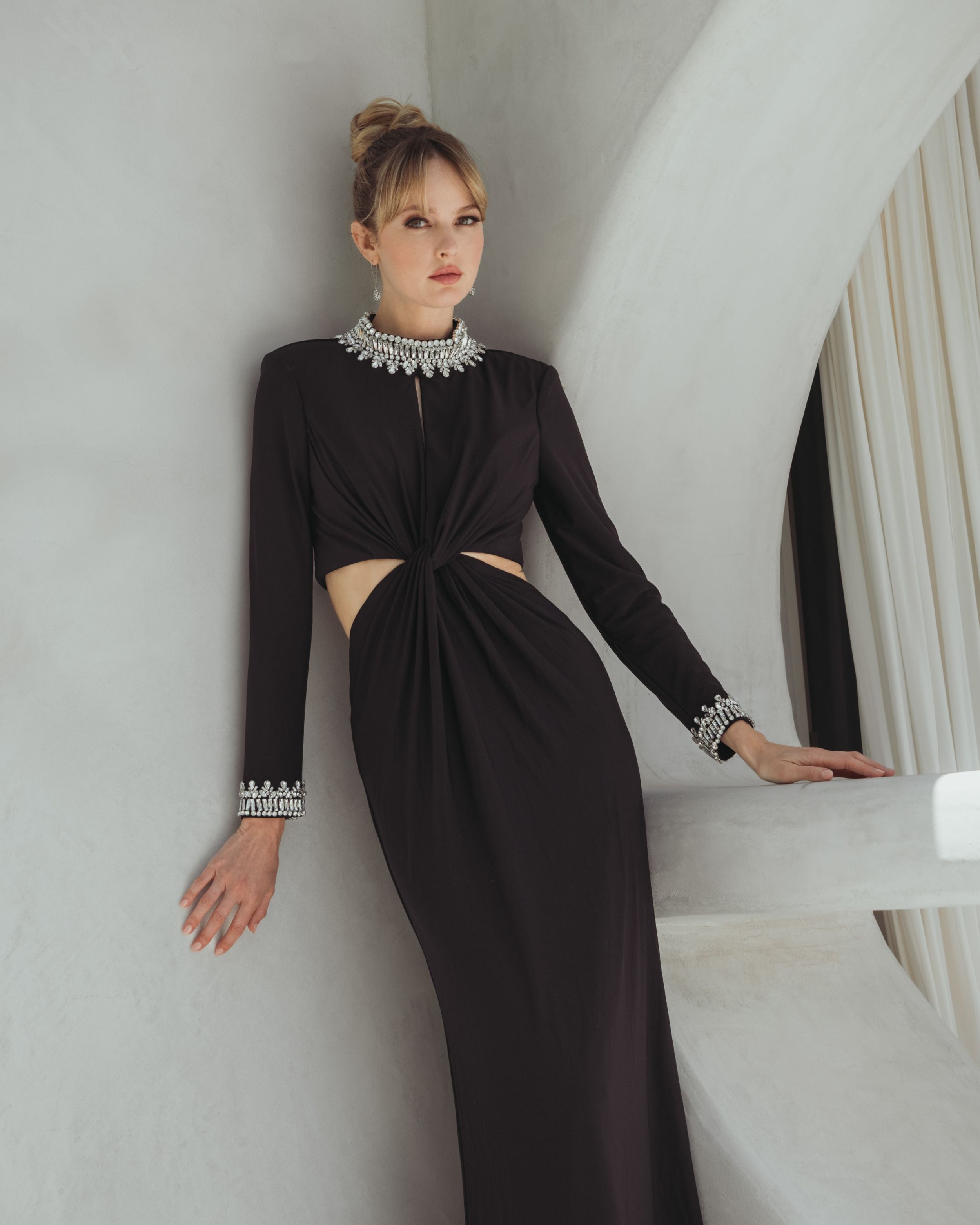 Black Embellished Jersey Long Sleeve Cut Out Evening Gown