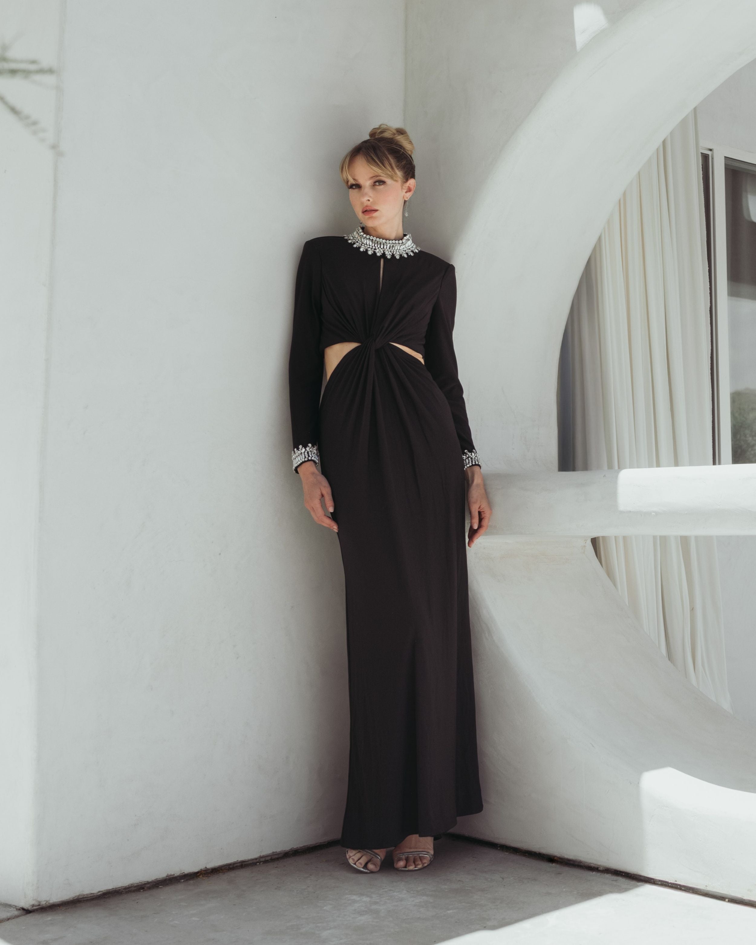 Black Embellished Jersey Long Sleeve Cut Out Evening Gown