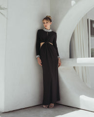 Black Embellished Jersey Long Sleeve Cut Out Evening Gown