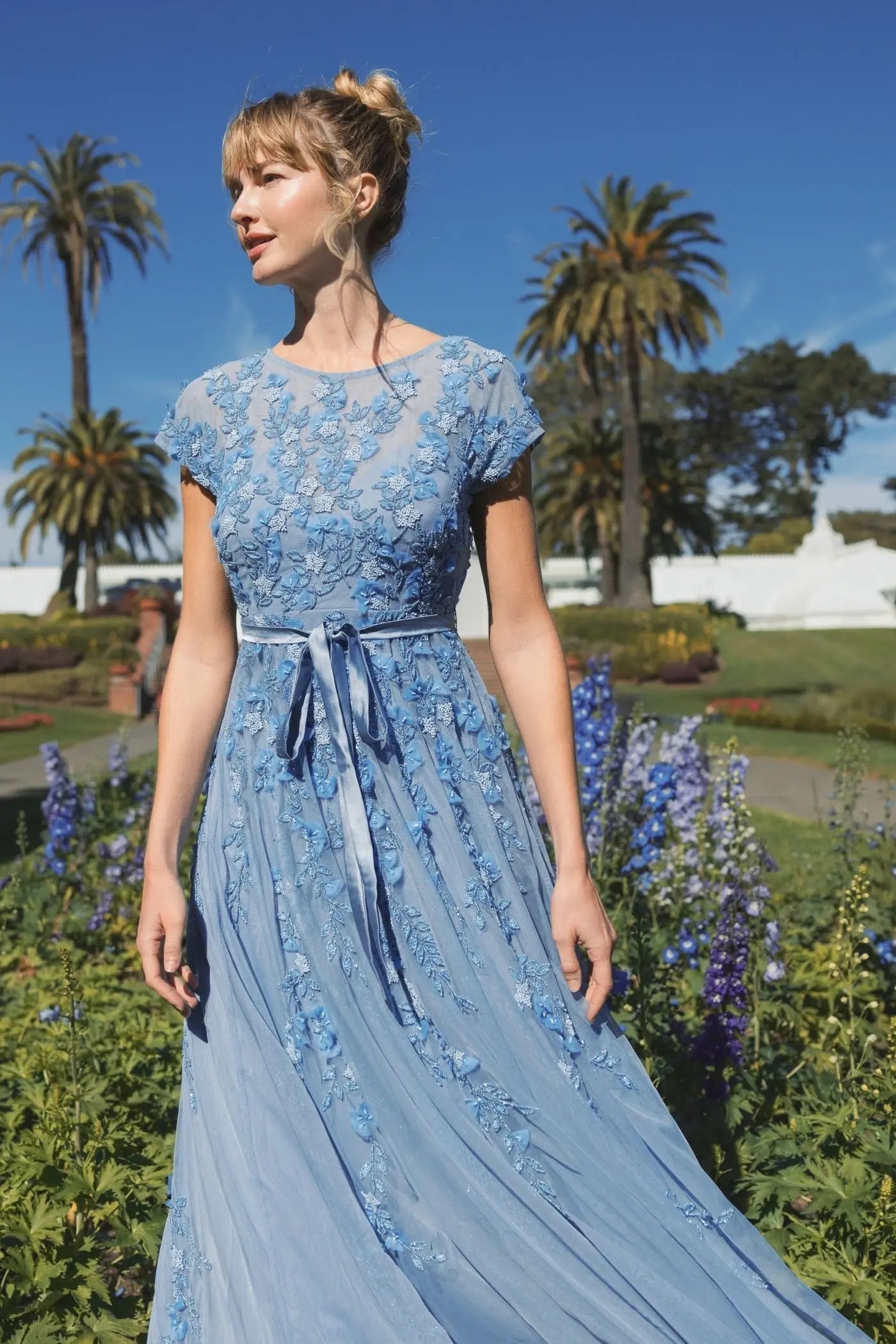 Blue Floral Embellished Cap Sleeve Gown