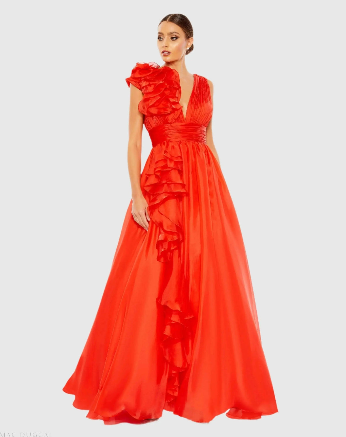 Red Ruffle Shoulder V-Neck Chiffon Gown