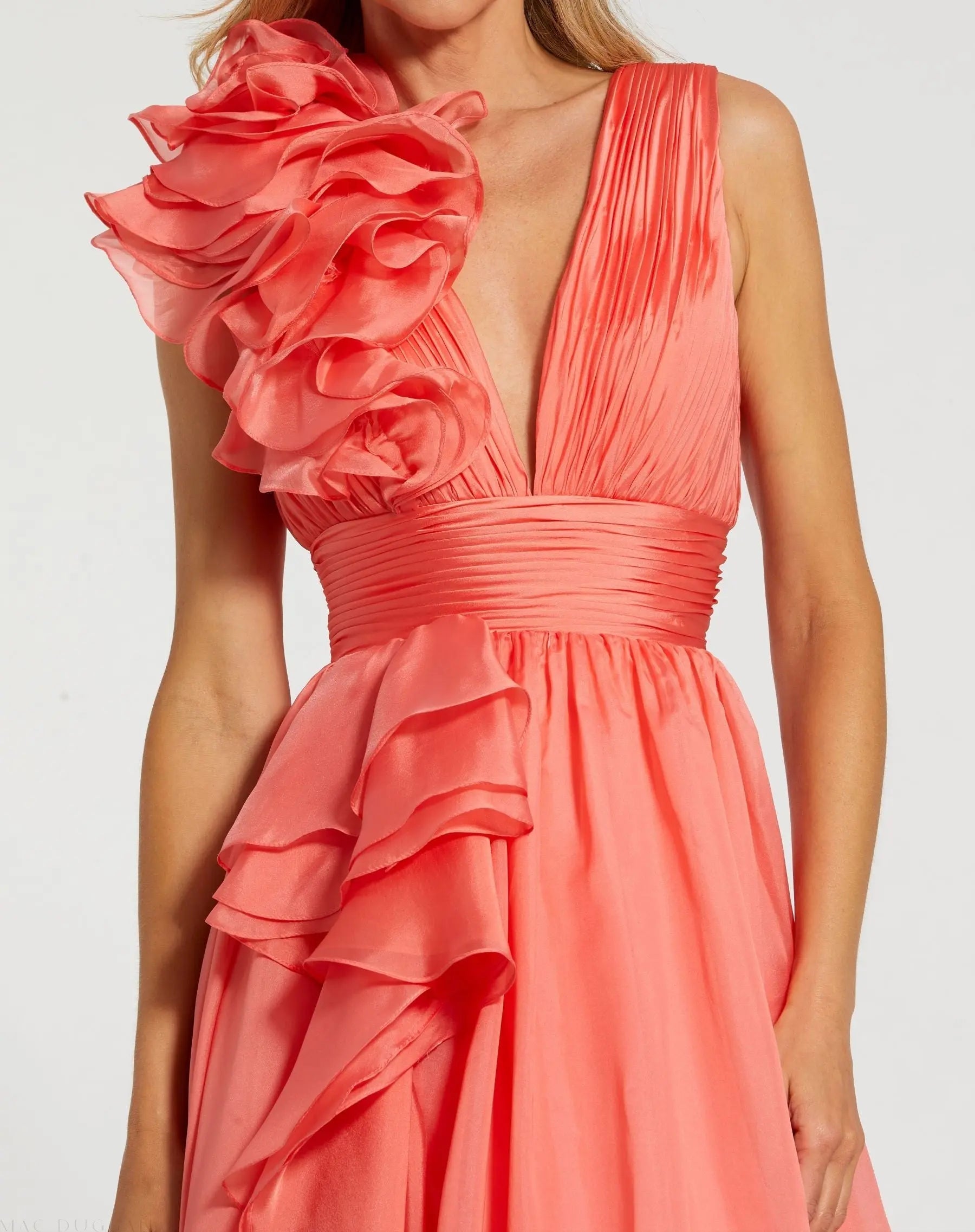 Coral Ruffle Shoulder V-Neck Chiffon Gown