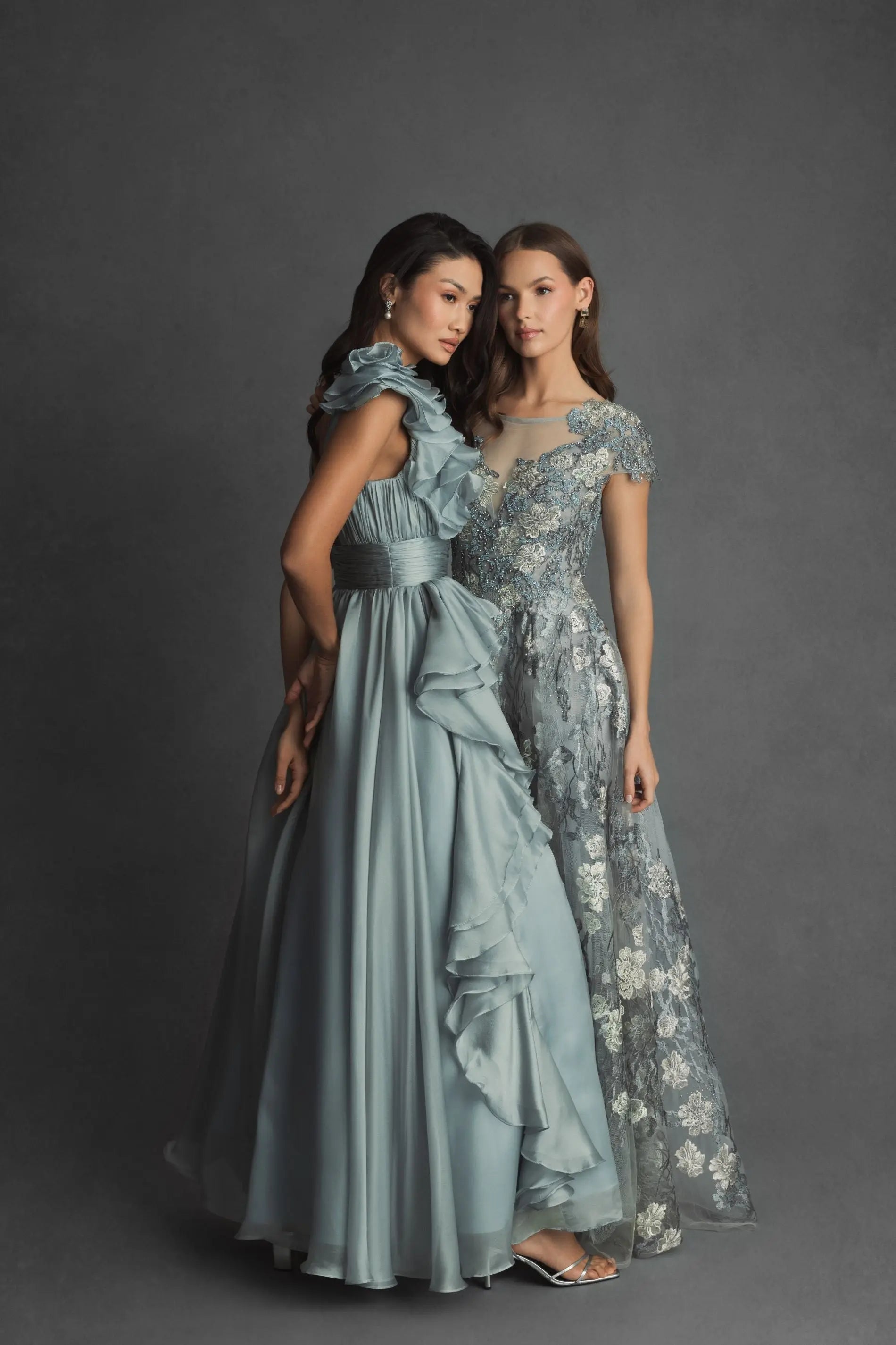 Green Floral Embroidered Short Cap Evening Gown