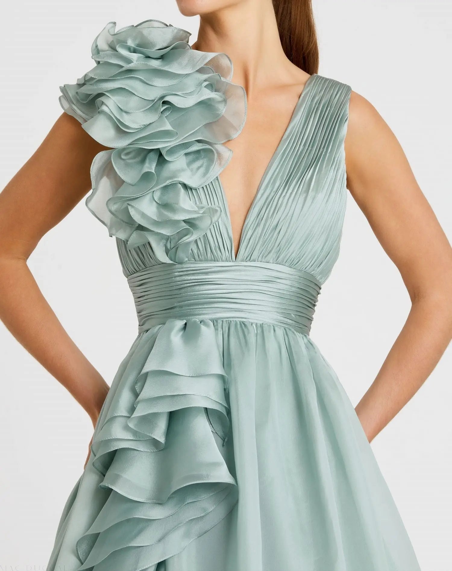 Green Ruffle Shoulder V-Neck Chiffon Gown