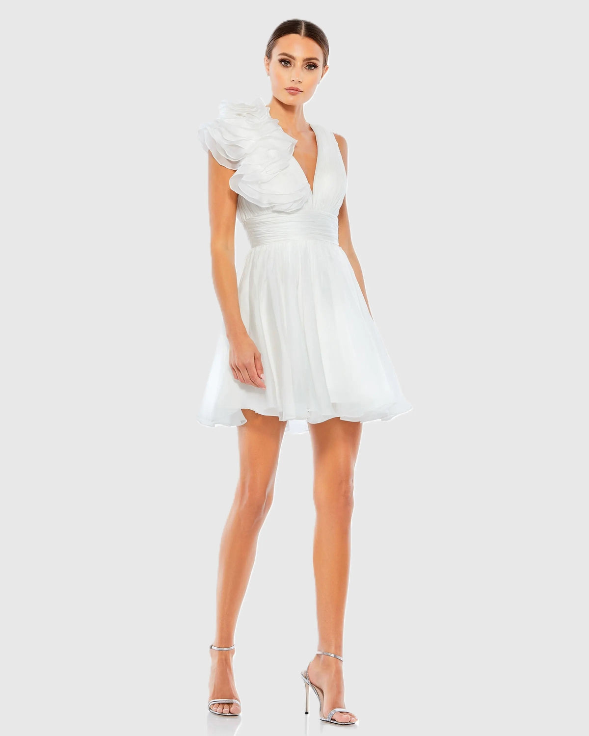 White Ruffle V Neck Fit & Flare Mini Dress