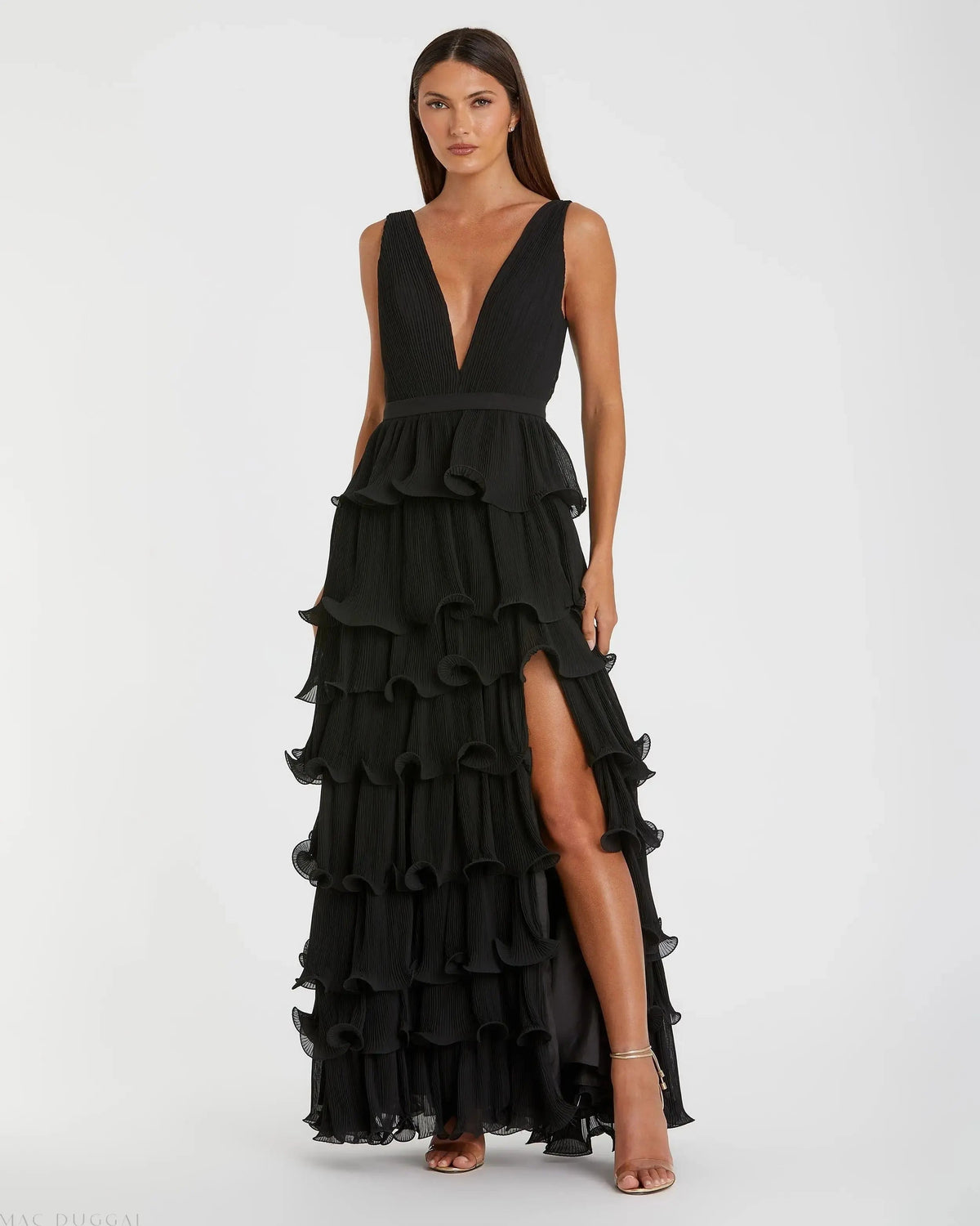 Black Sleeveless Ruffle Tiered V Neck Gown