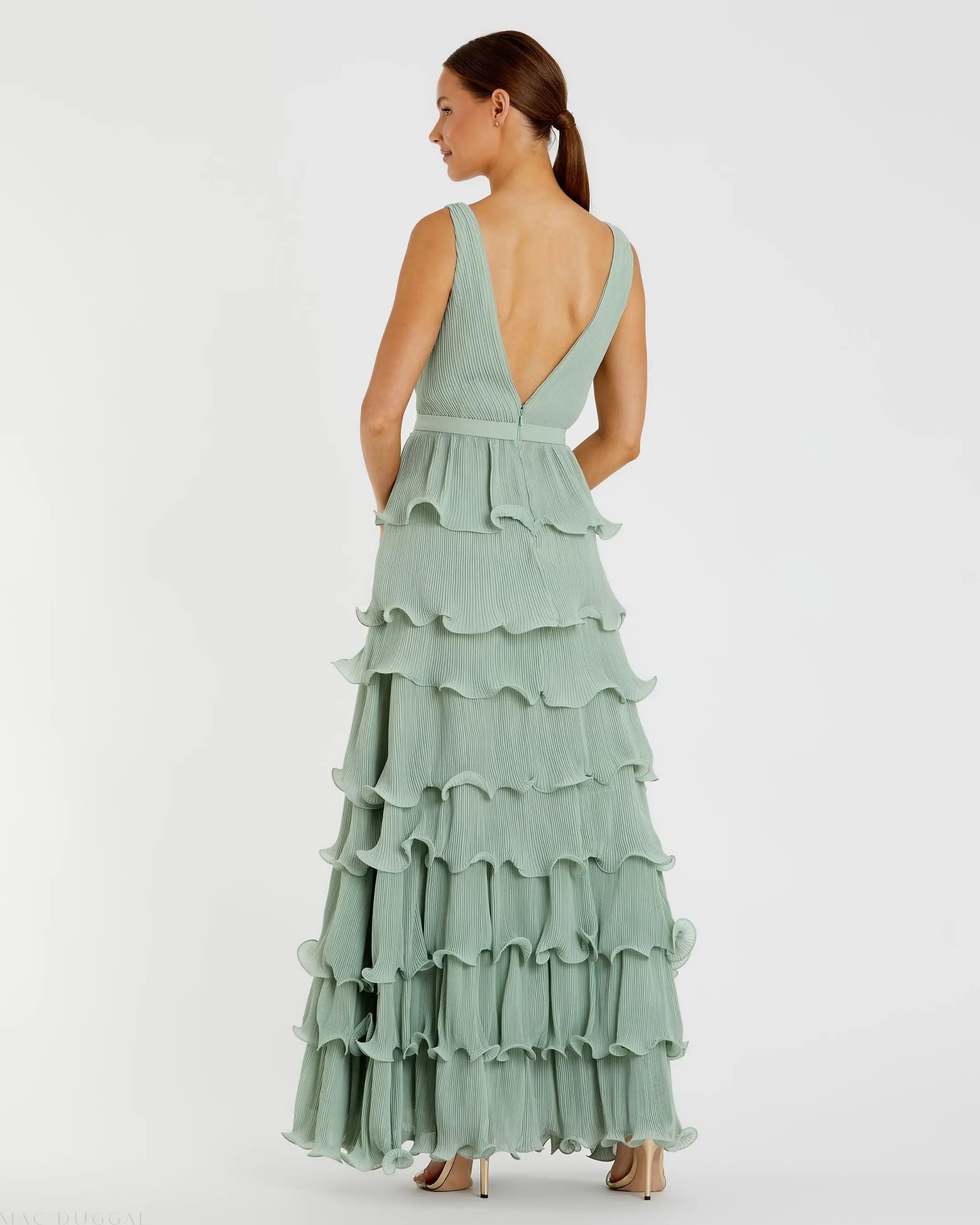 Green Sleeveless Ruffle Tiered V Neck Gown