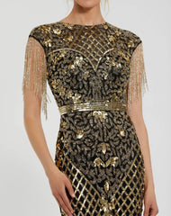 Black High Neck Beaded Fringe Fitted Gown