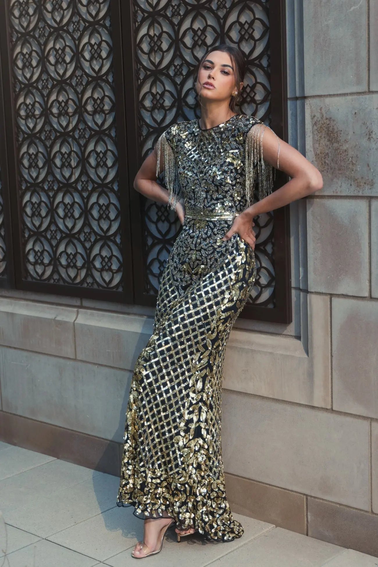 Black High Neck Beaded Fringe Fitted Gown