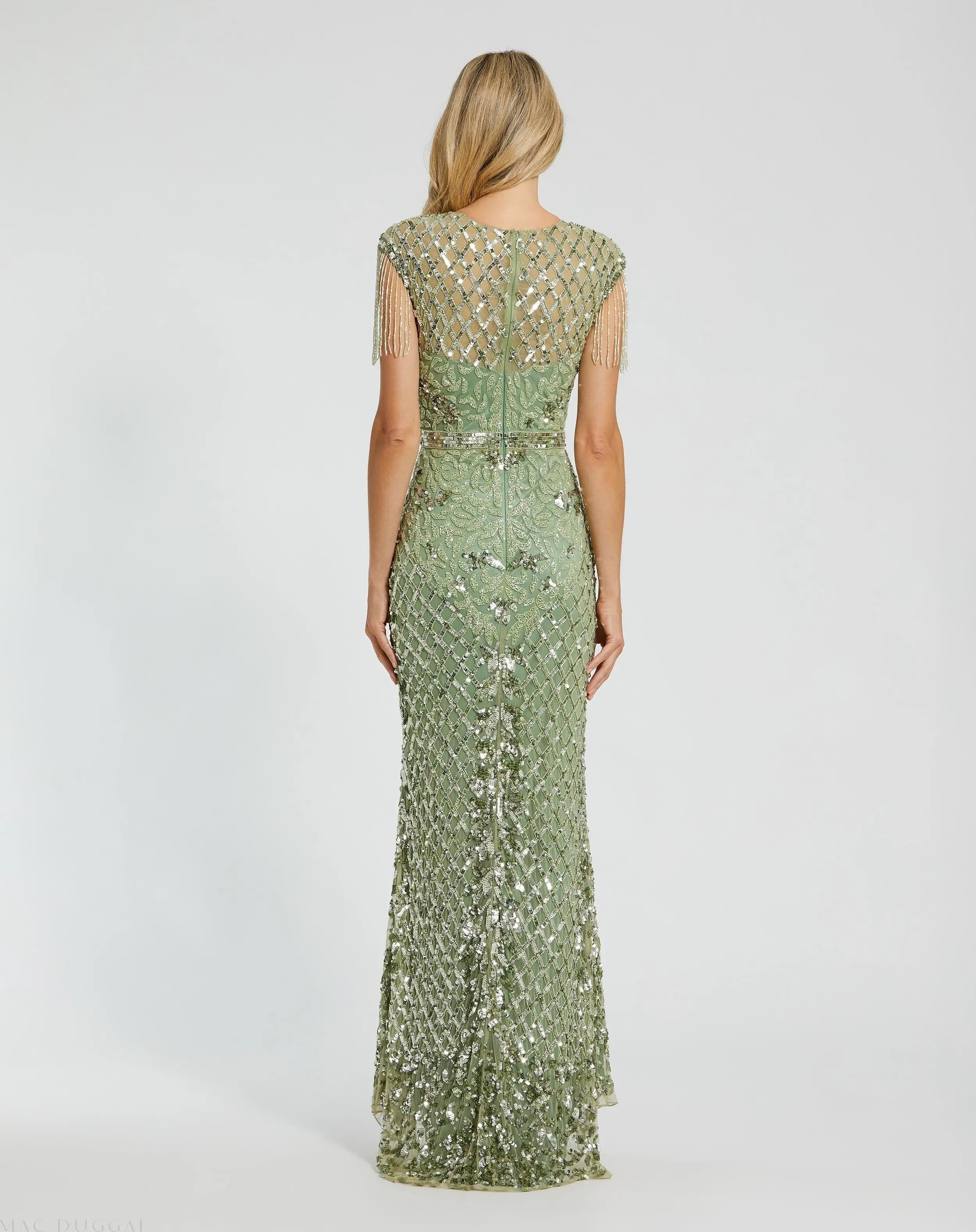 Green High Neck Beaded Fringe Fitted Gown
