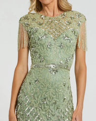 Green High Neck Beaded Fringe Fitted Gown