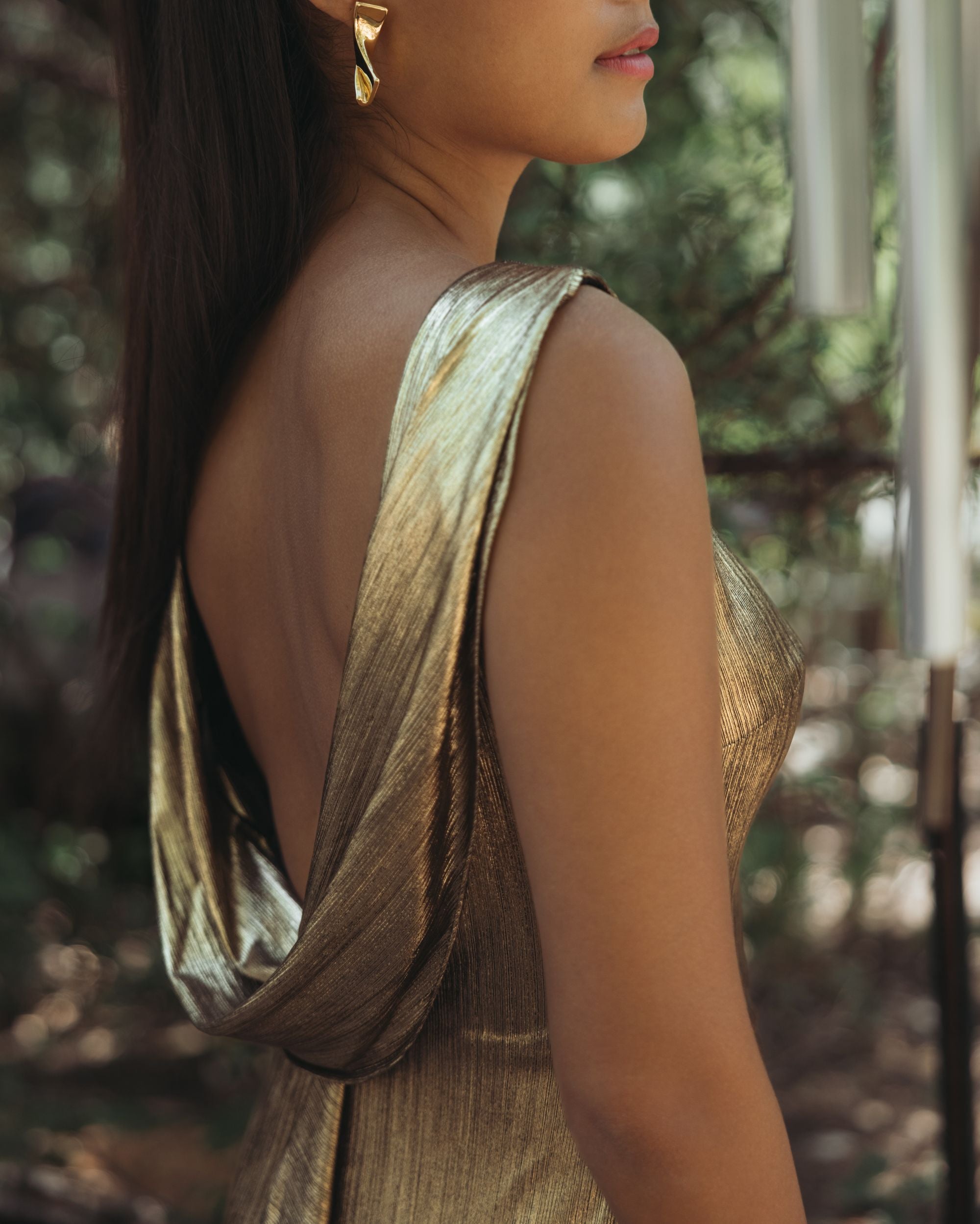 Gold Metallic Jersey Cowl Back Column Gown