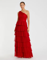 Red One Shoulder Layered Tiered Tulle Gown