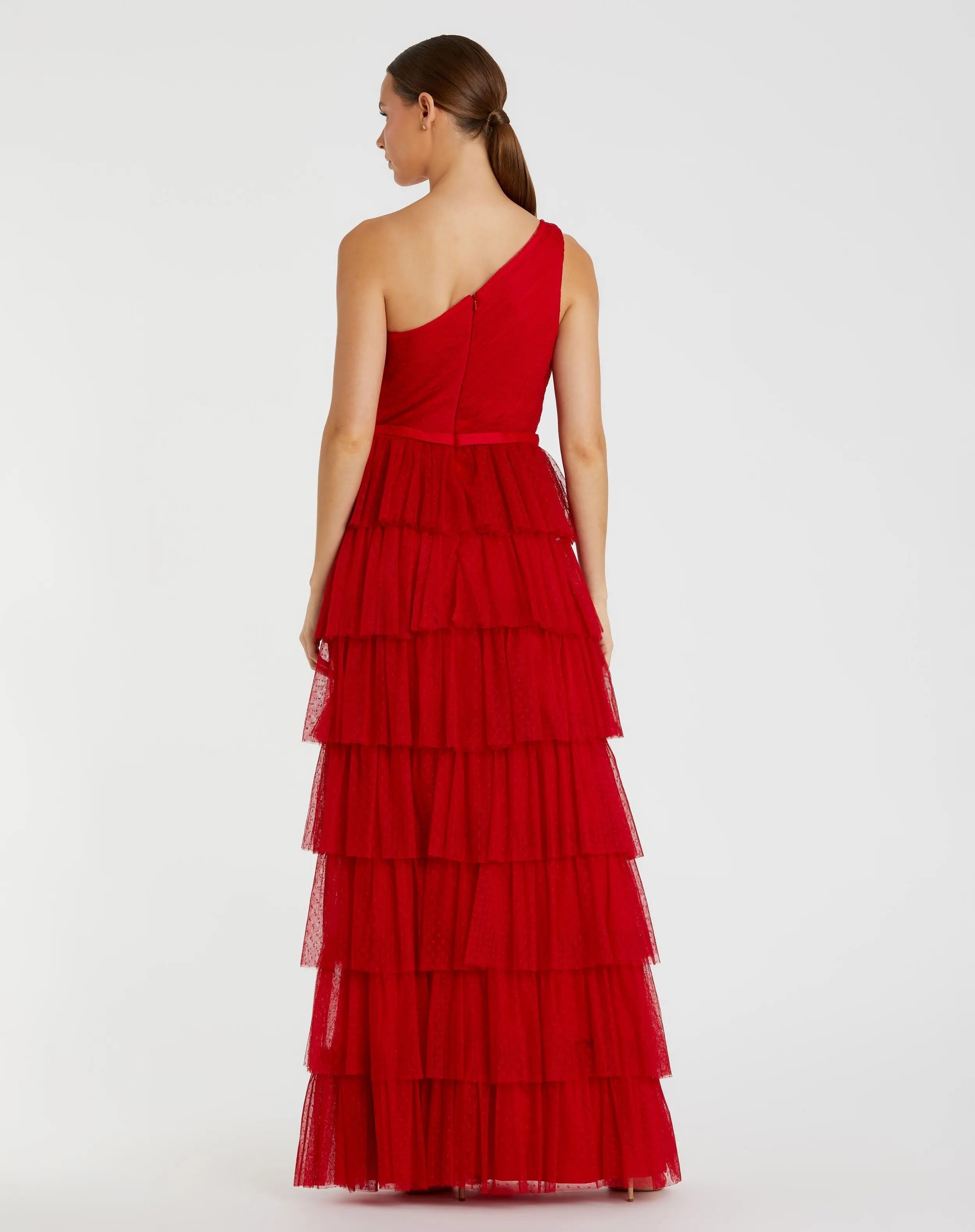 Red One Shoulder Layered Tiered Tulle Gown