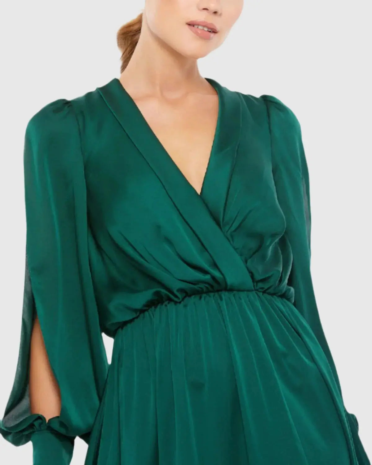 Green Bishop Sleeve Faux Wrap Gown